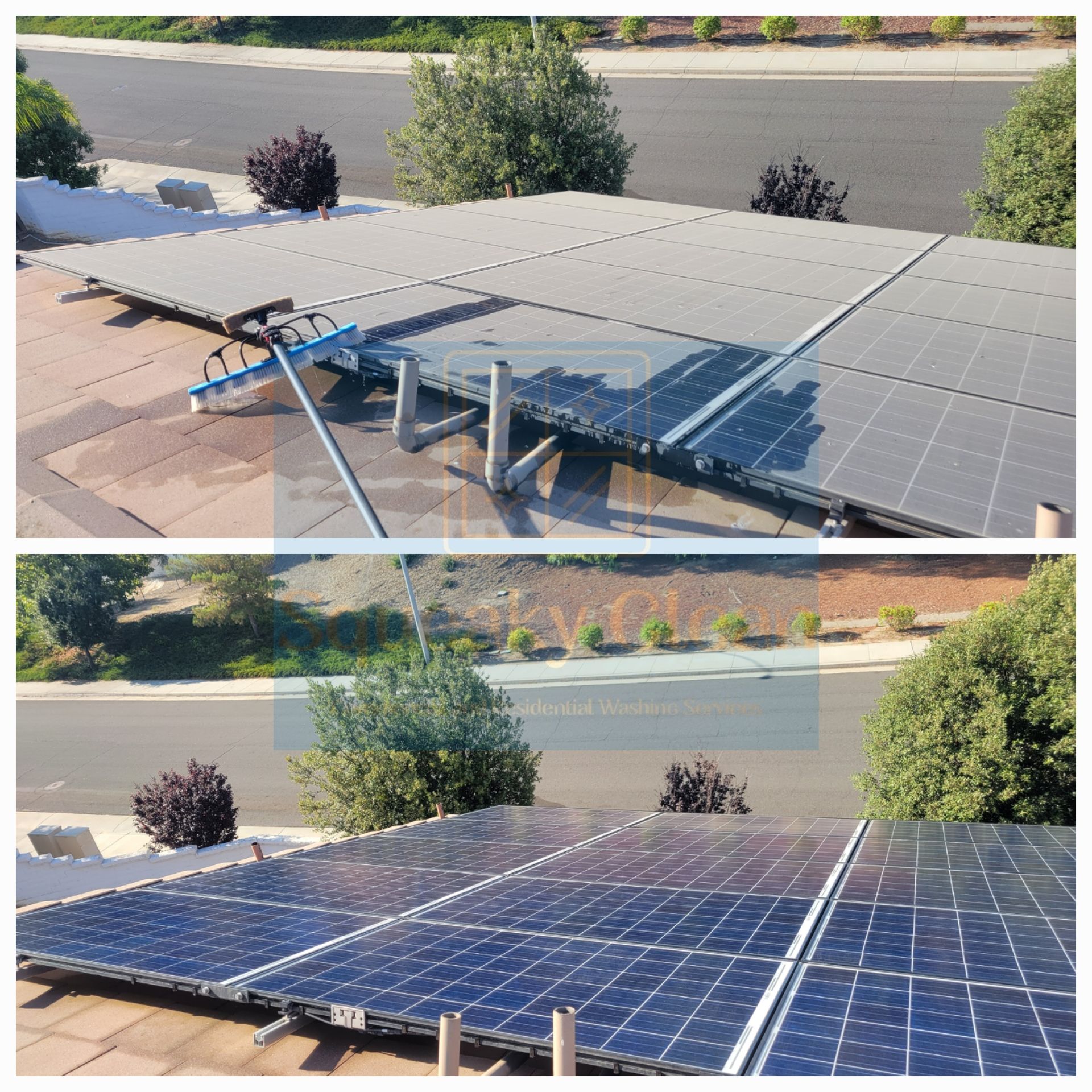 Before and after solar panel cleaning by Squeaky Clean Washers In Temecula CA.