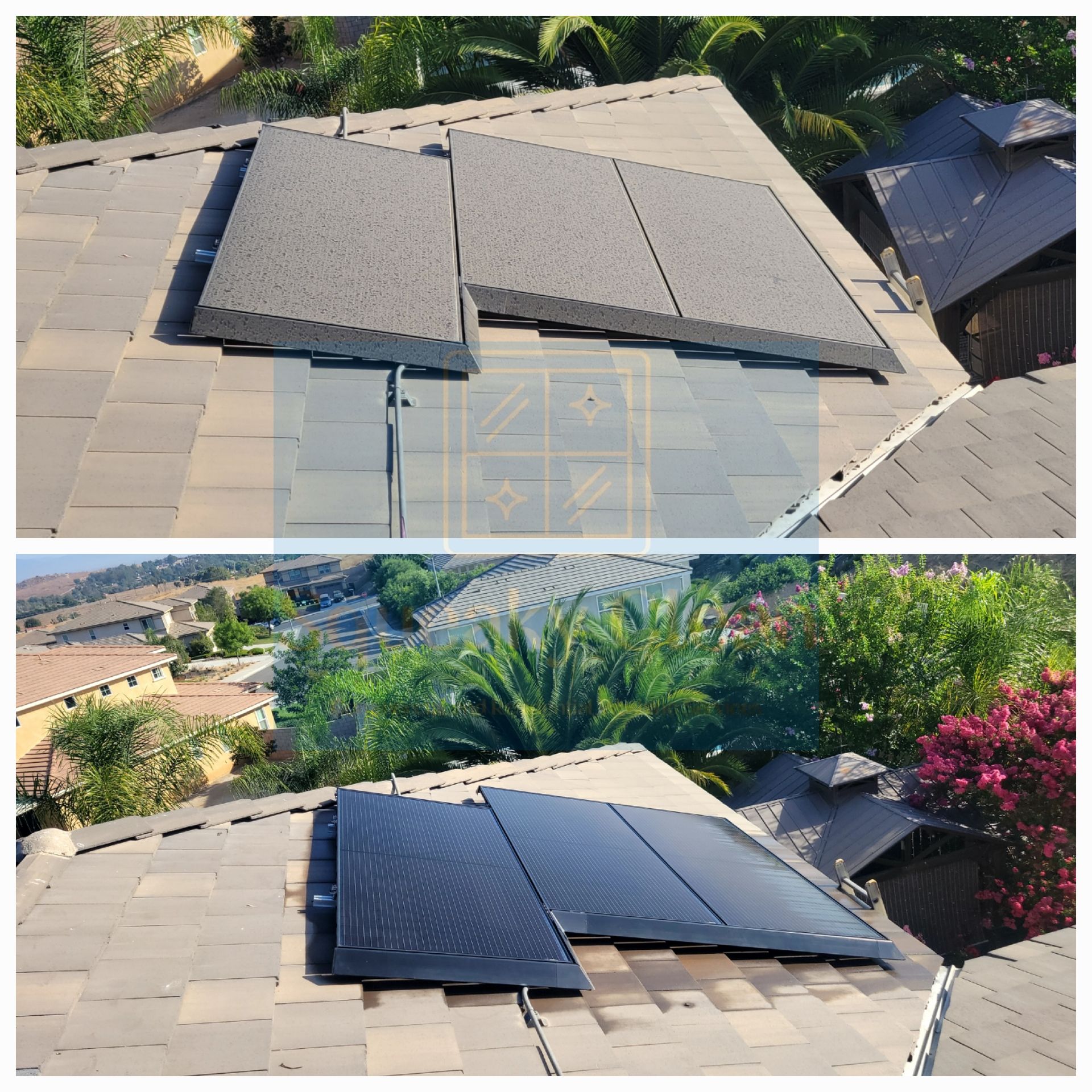 Before and after solar panel cleaning by Squeaky Clean Washers In Van Buren area of Riverside CA.