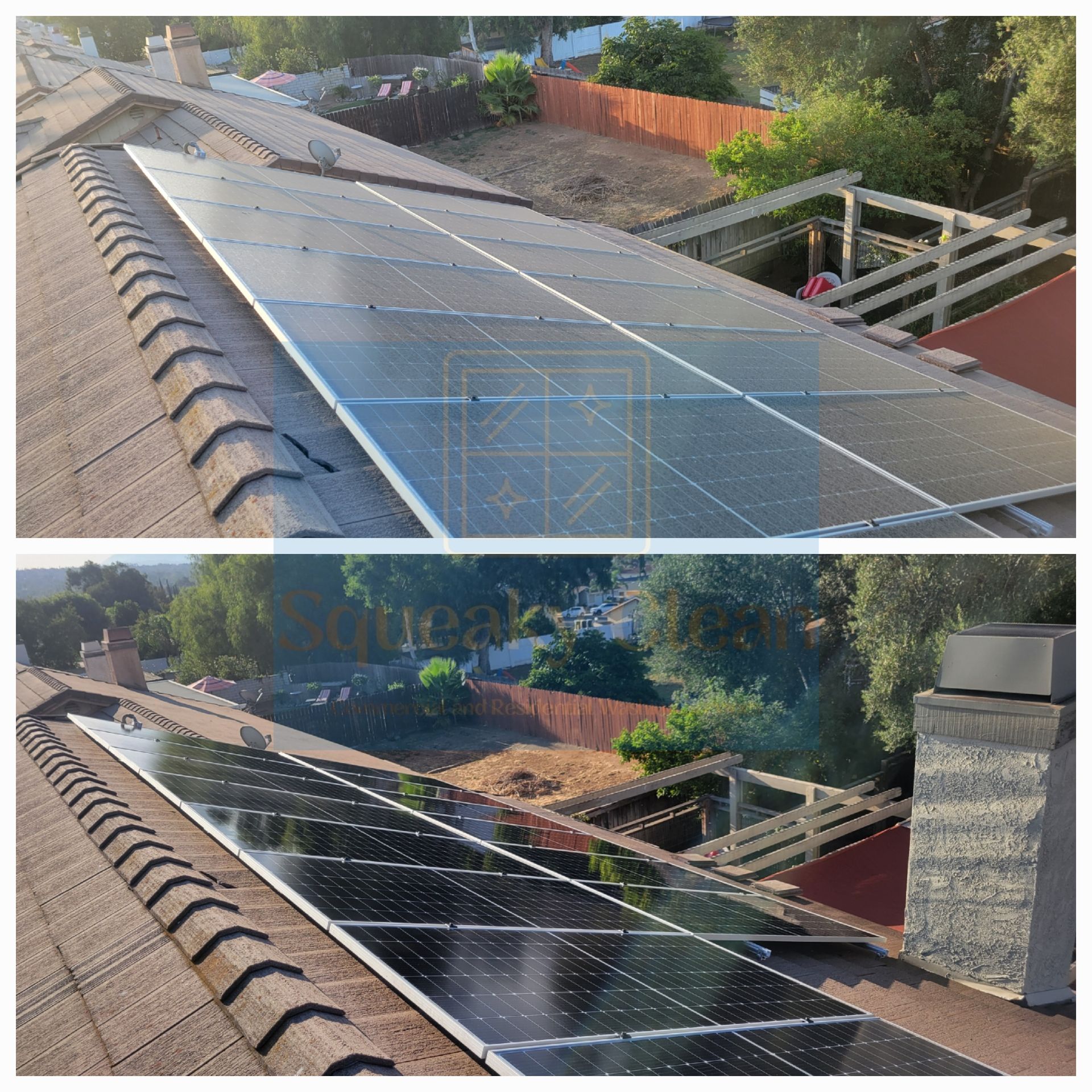 Before and after solar panel cleaning Collage by Squeaky Clean Washers in Moreno Valley CA.