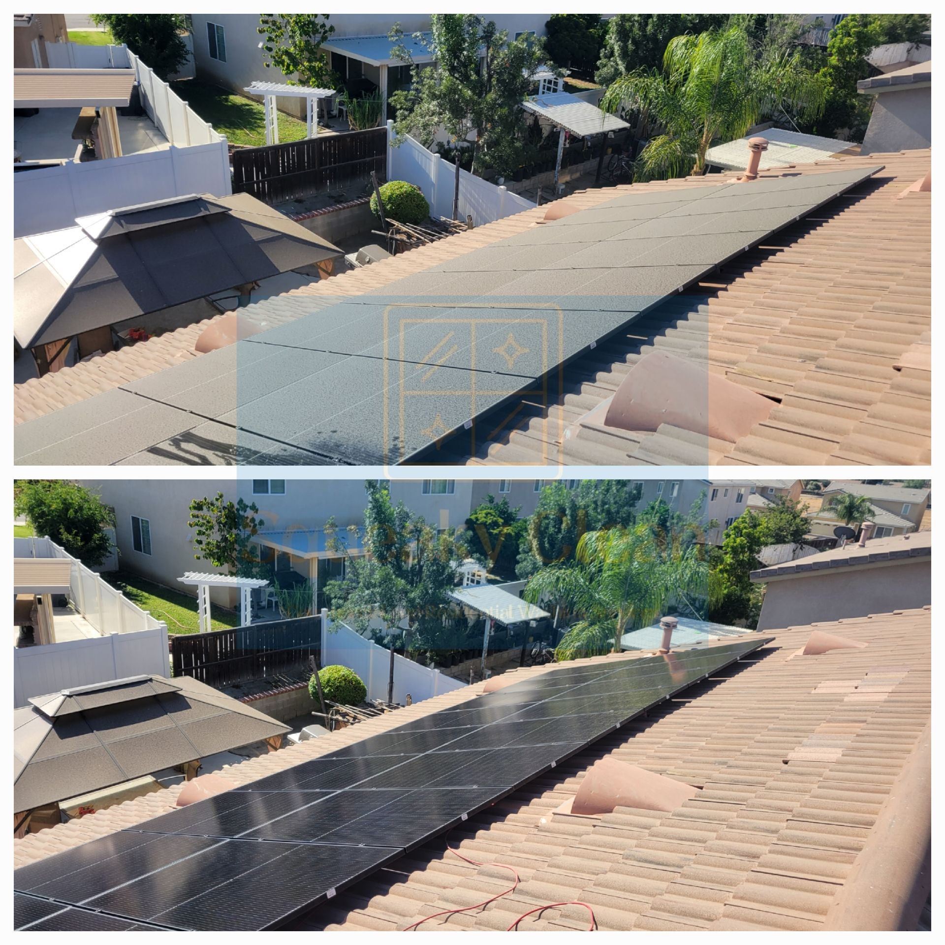 Before and after solar panel cleaning Collage by Squeaky Clean Washers in Moreno Valley CA.