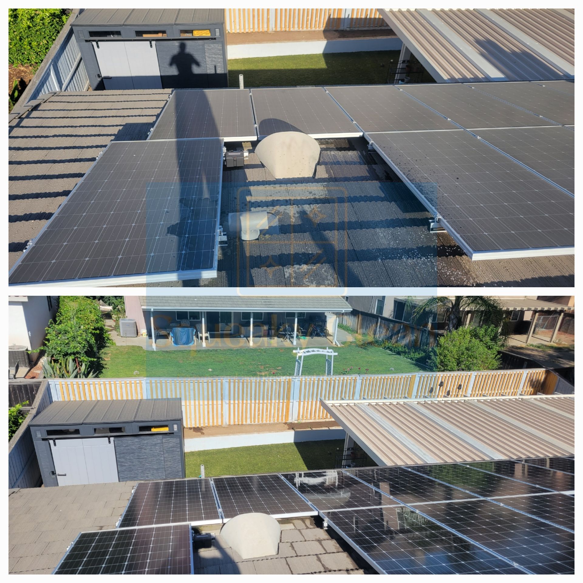 Before and after solar panel cleaning Collage by Squeaky Clean Washers in Menifee CA.