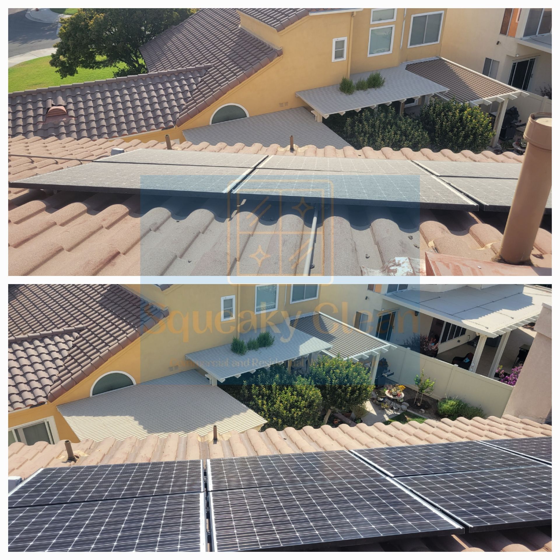 Before and after solar panel cleaning Collage by Squeaky Clean Washers in Highland CA.