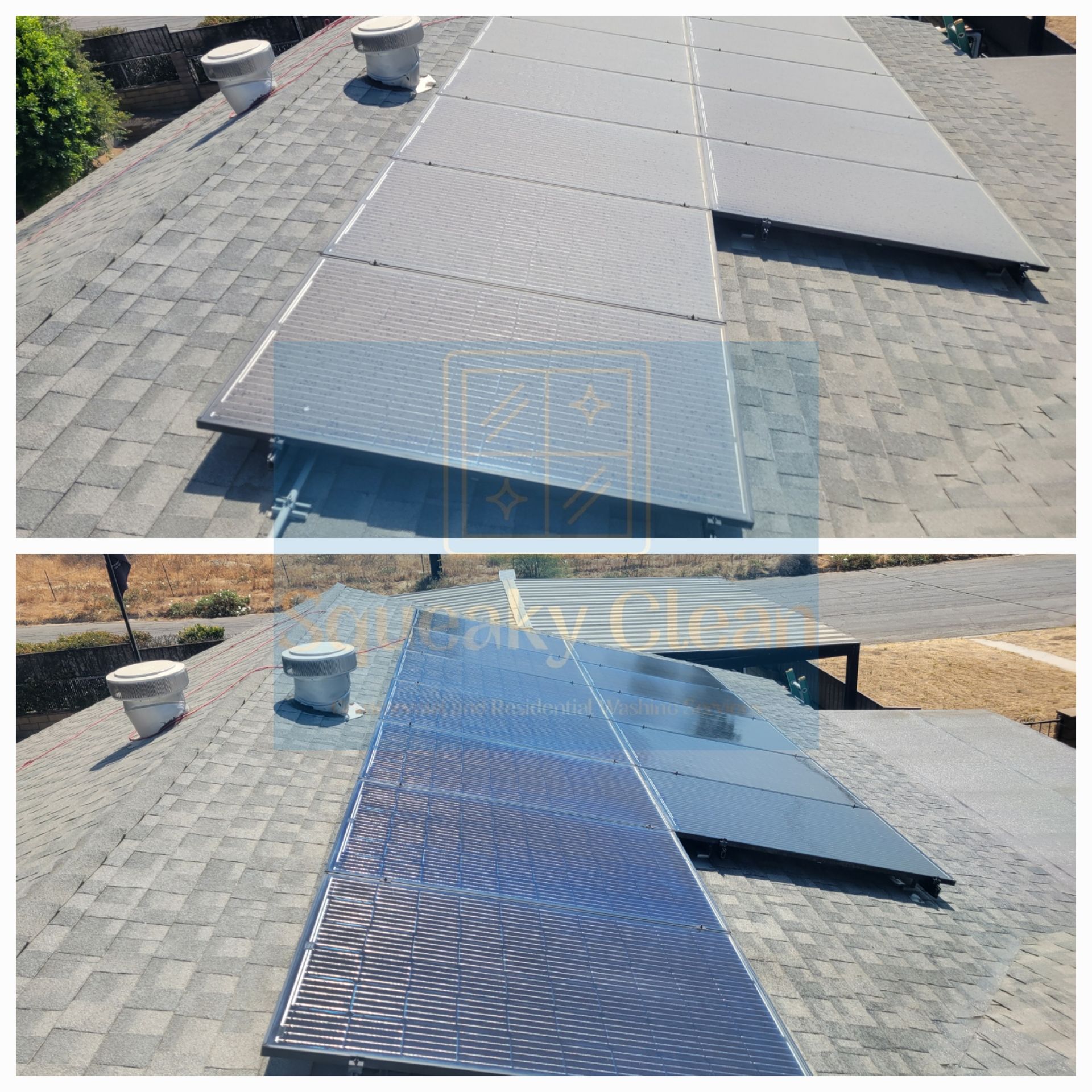 Before and after solar panel cleaning Collage by Squeaky Clean Washers in Highland CA.