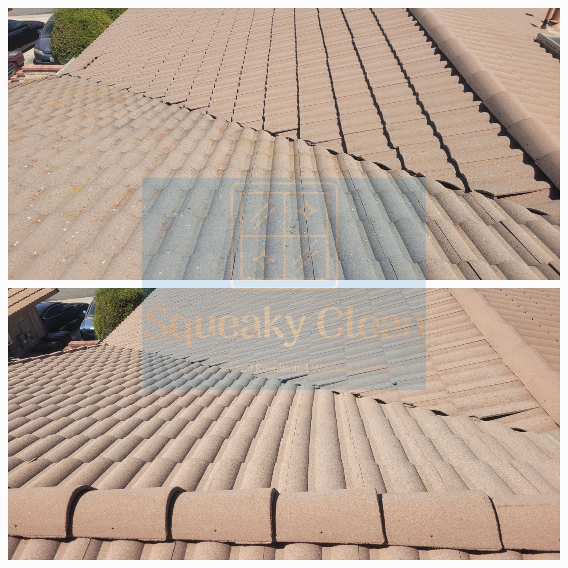 Collage showing a roof before and after cleaning by Squeaky Clean Washers, from moss-covered to clean and vibrant.