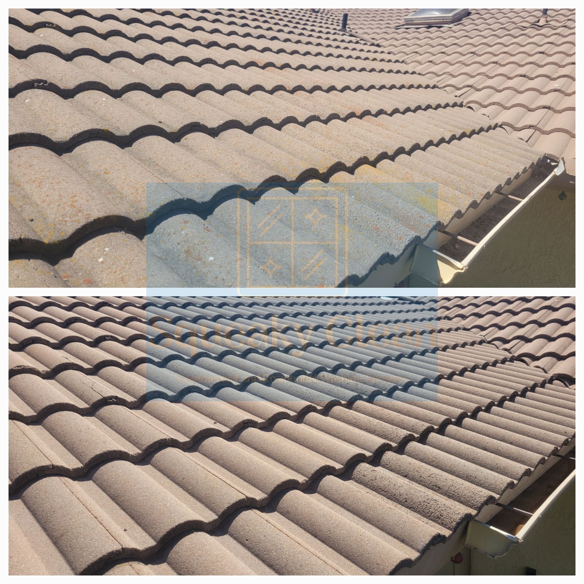 Collage showing a roof before and after cleaning by Squeaky Clean Washers, from moss-covered to clean and vibrant in MoVal.