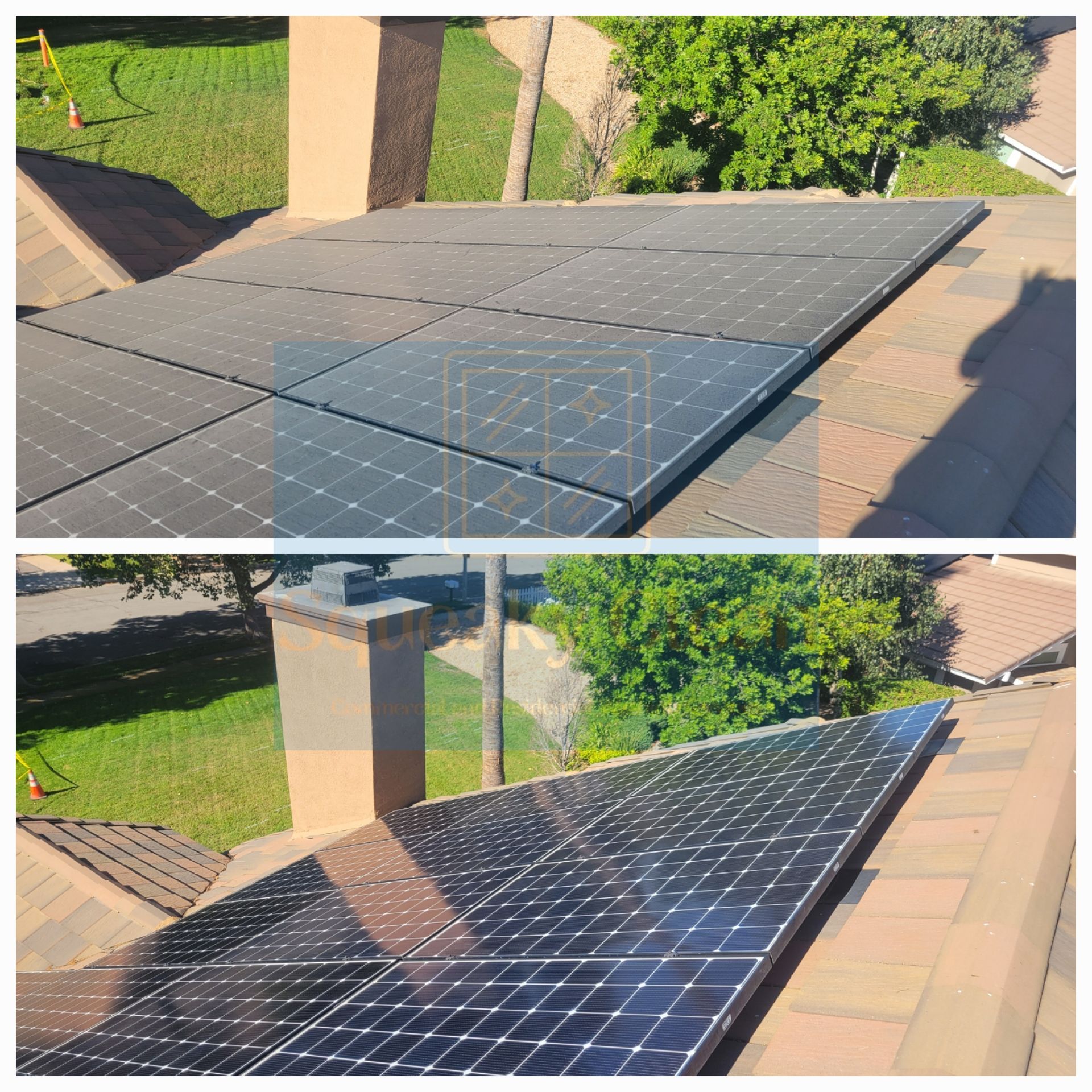 Before and after solar panel cleaning Collage by Squeaky Clean Washers in Rancho Cucamonga CA.