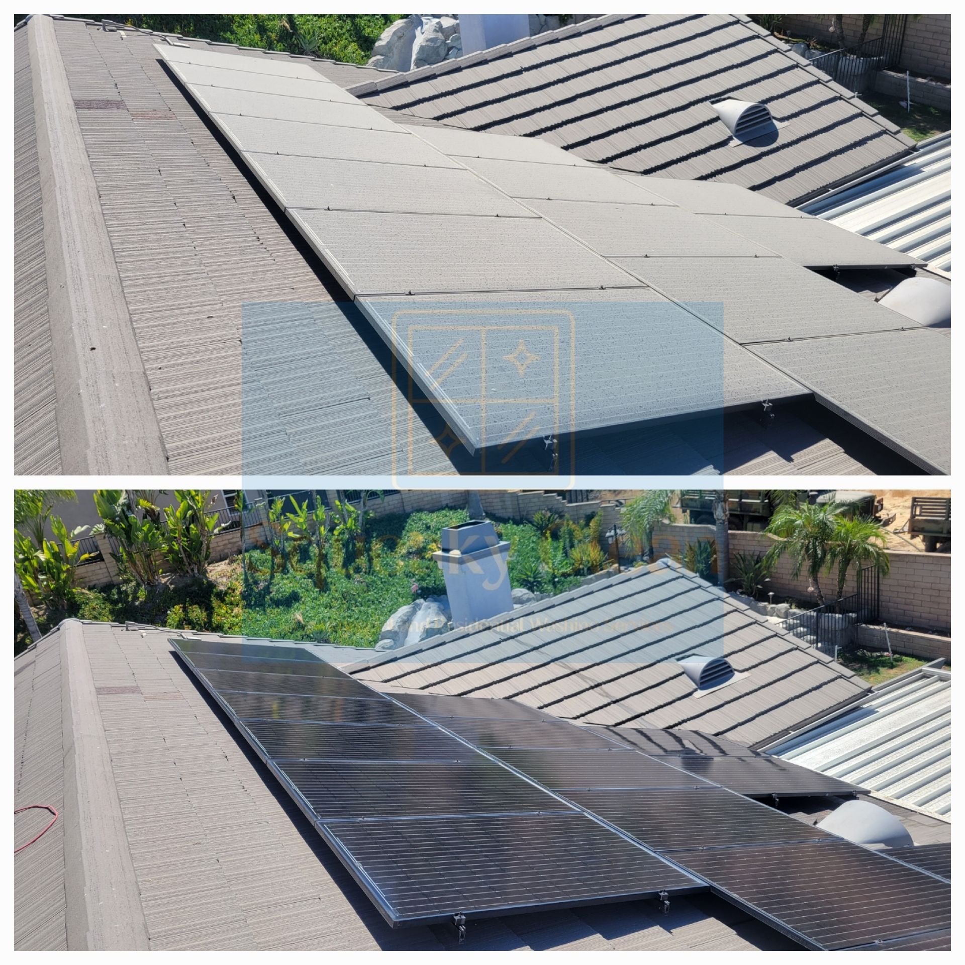 Before and after solar panel cleaning Collage by Squeaky Clean Washers in Grand Terrace CA.