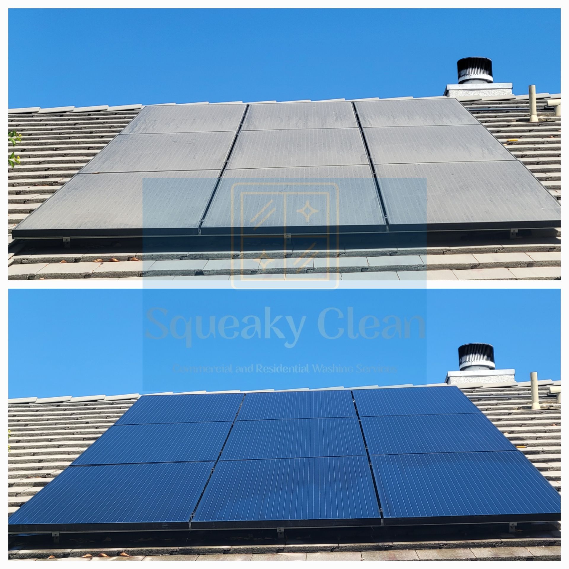Before and after solar panel cleaning Collage by Squeaky Clean Washers in Hemet CA.