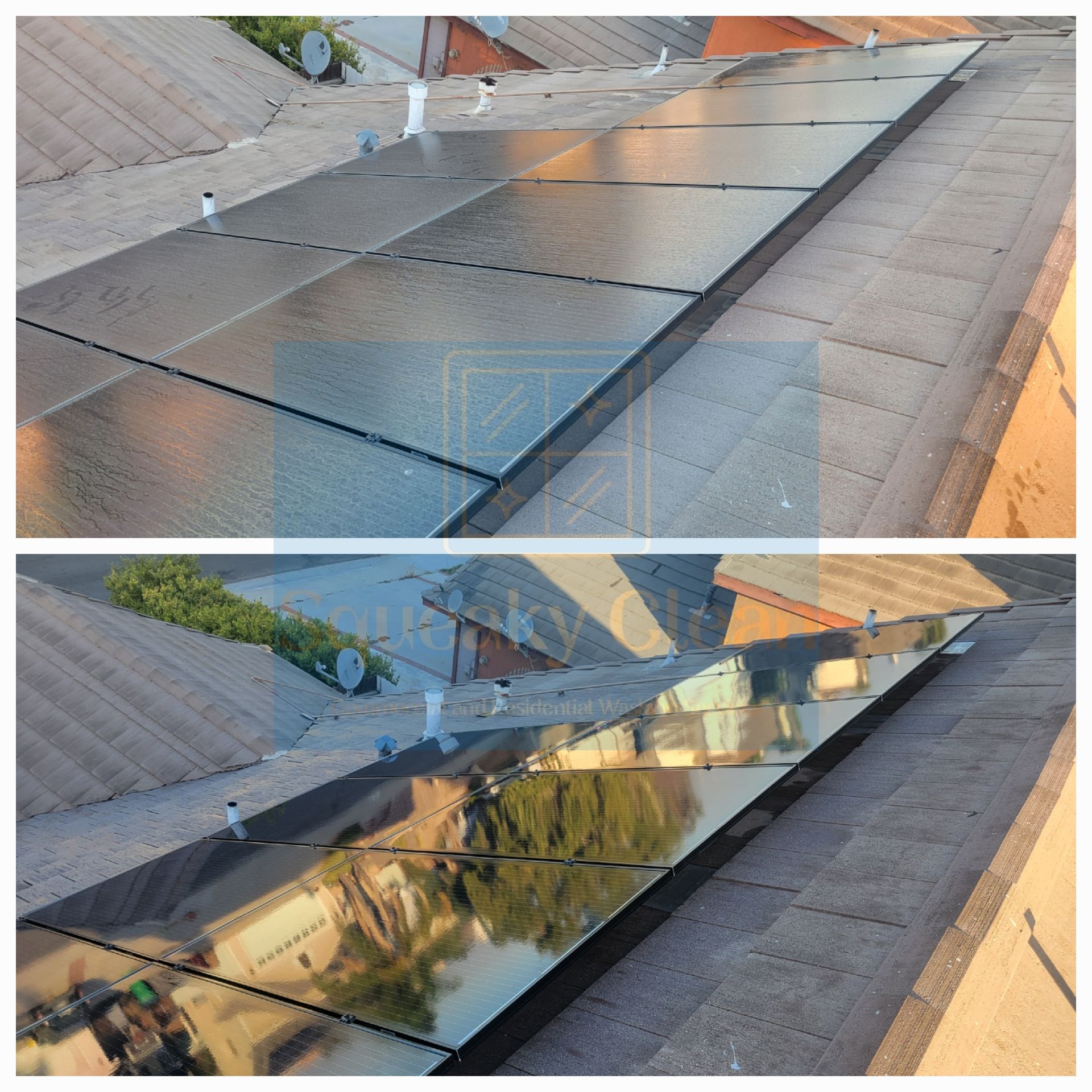 Before and after solar panel cleaning Collage by Squeaky Clean Washers in Moreno Valley CA.