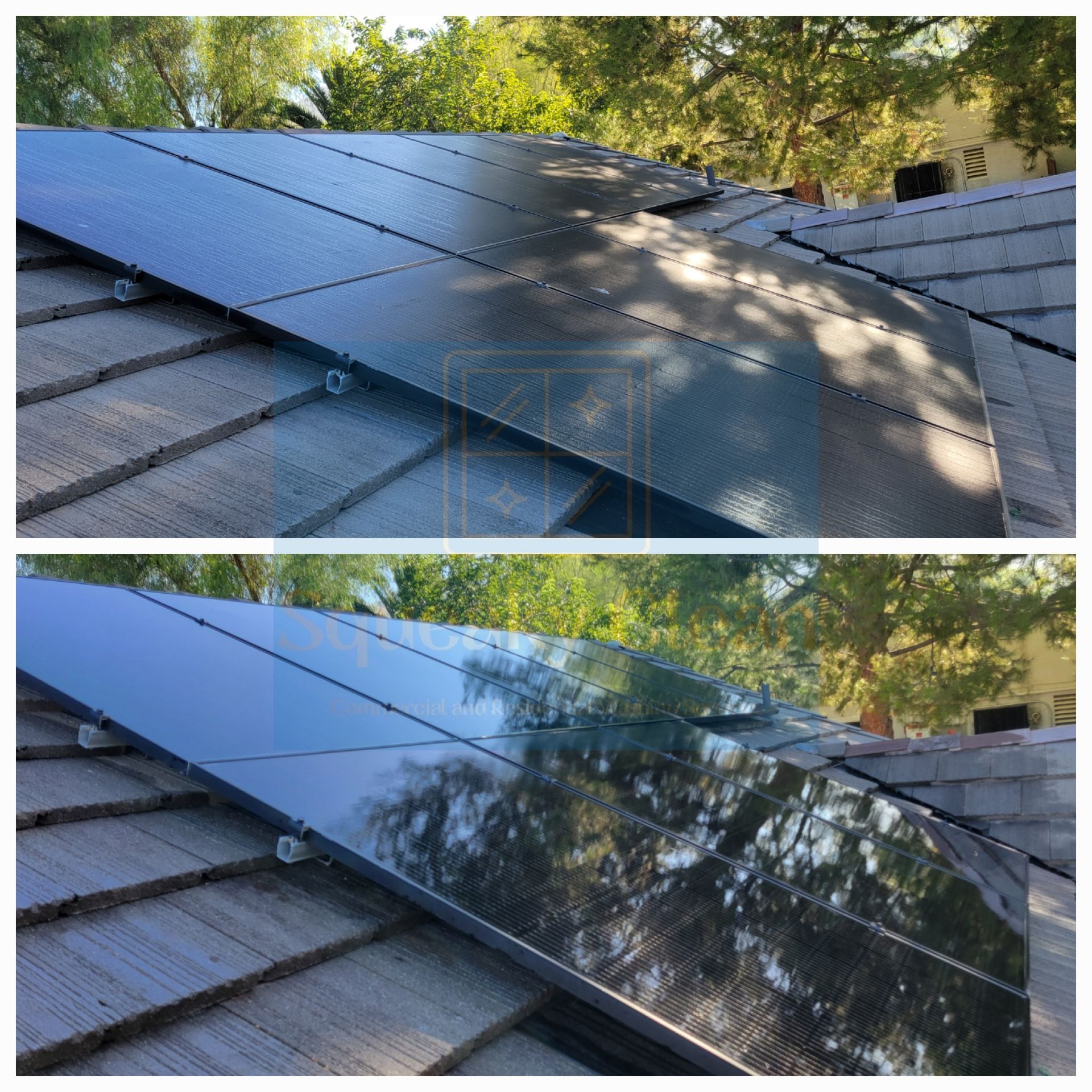 Before and after solar panel cleaning Collage by Squeaky Clean Washers in Moreno Valley CA.
