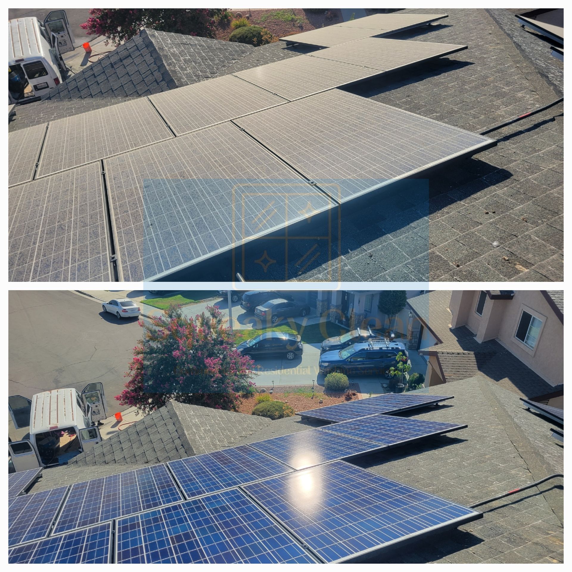 Before and after solar panel cleaning Collage by Squeaky Clean Washers in Hemet CA.