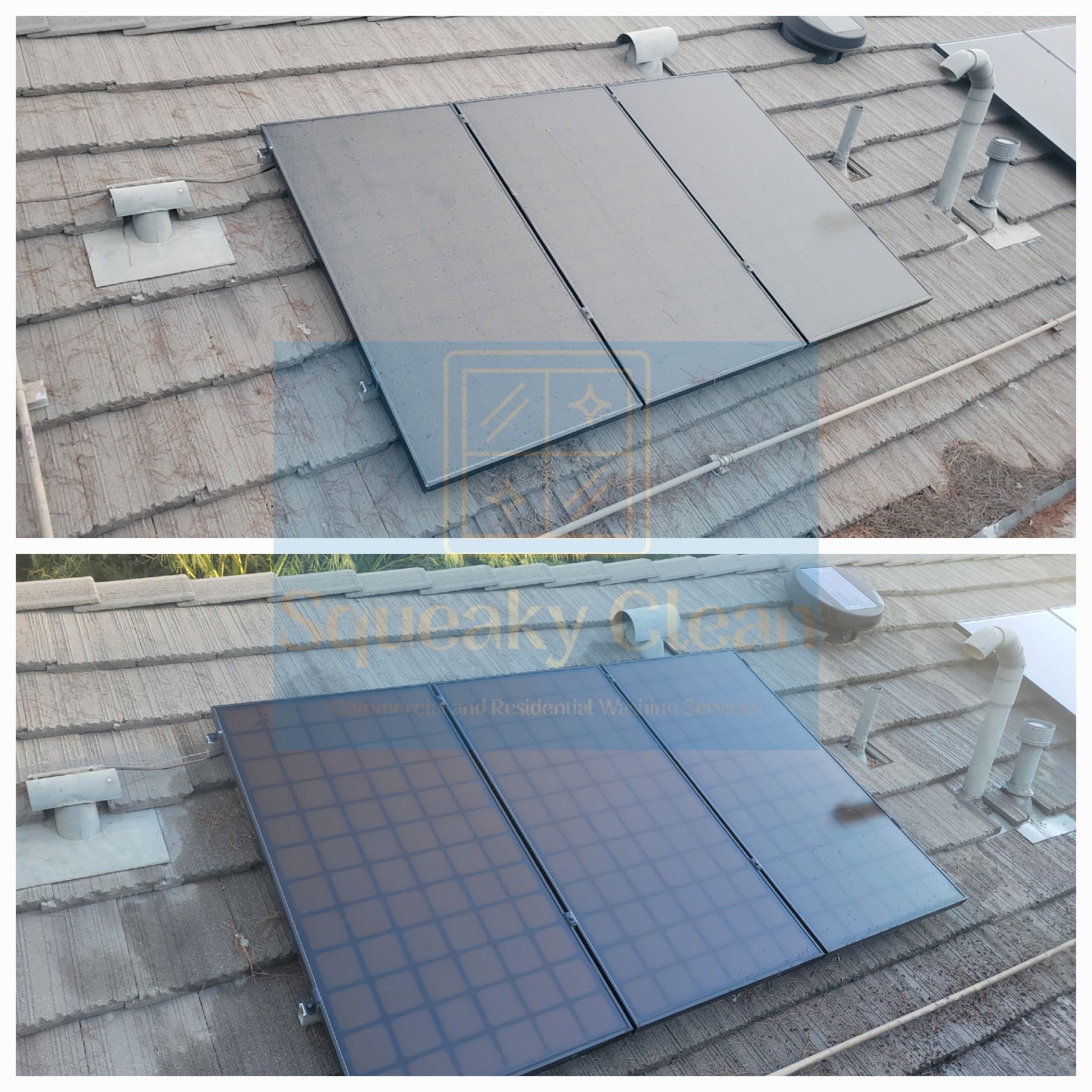 Before and after solar panel cleaning Collage by Squeaky Clean Washers in Moreno Valley CA.