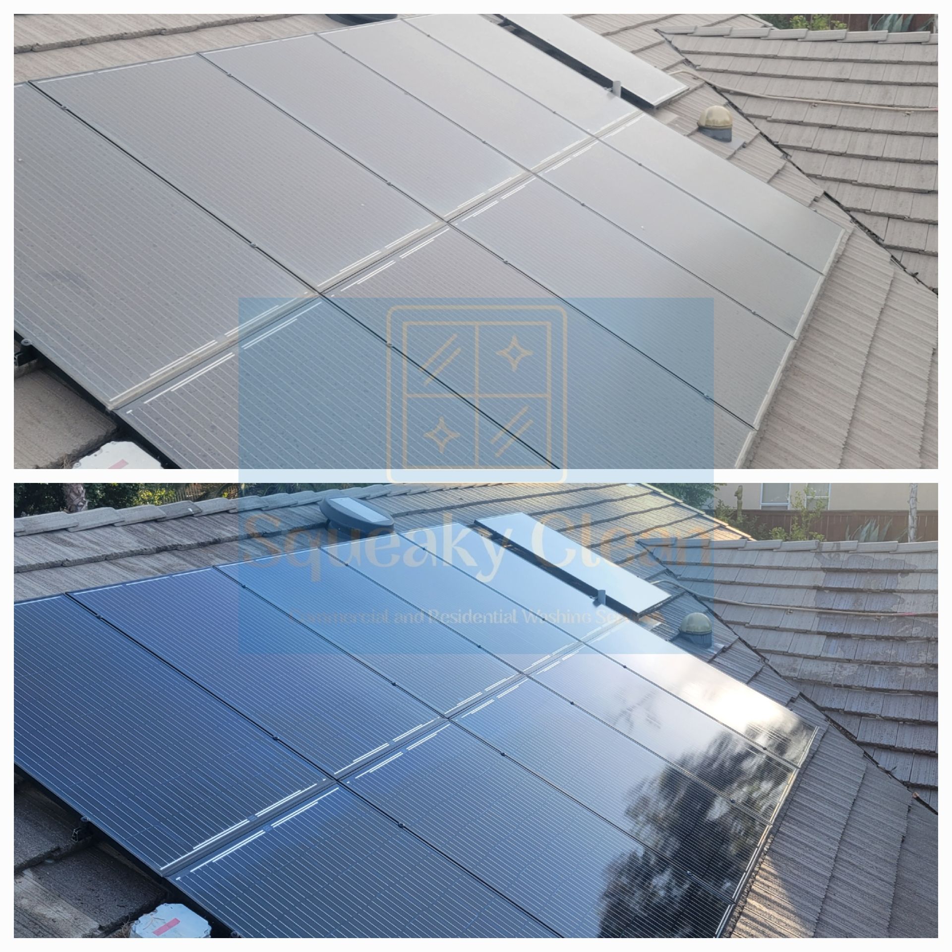 Before and after solar panel cleaning Collage by Squeaky Clean Washers in Moreno Valley CA.