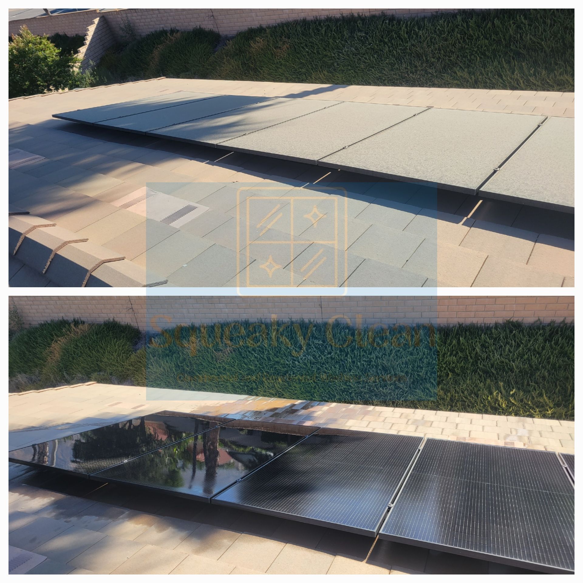 Before and after solar panel cleaning Collage by Squeaky Clean Washers in Highland CA.
