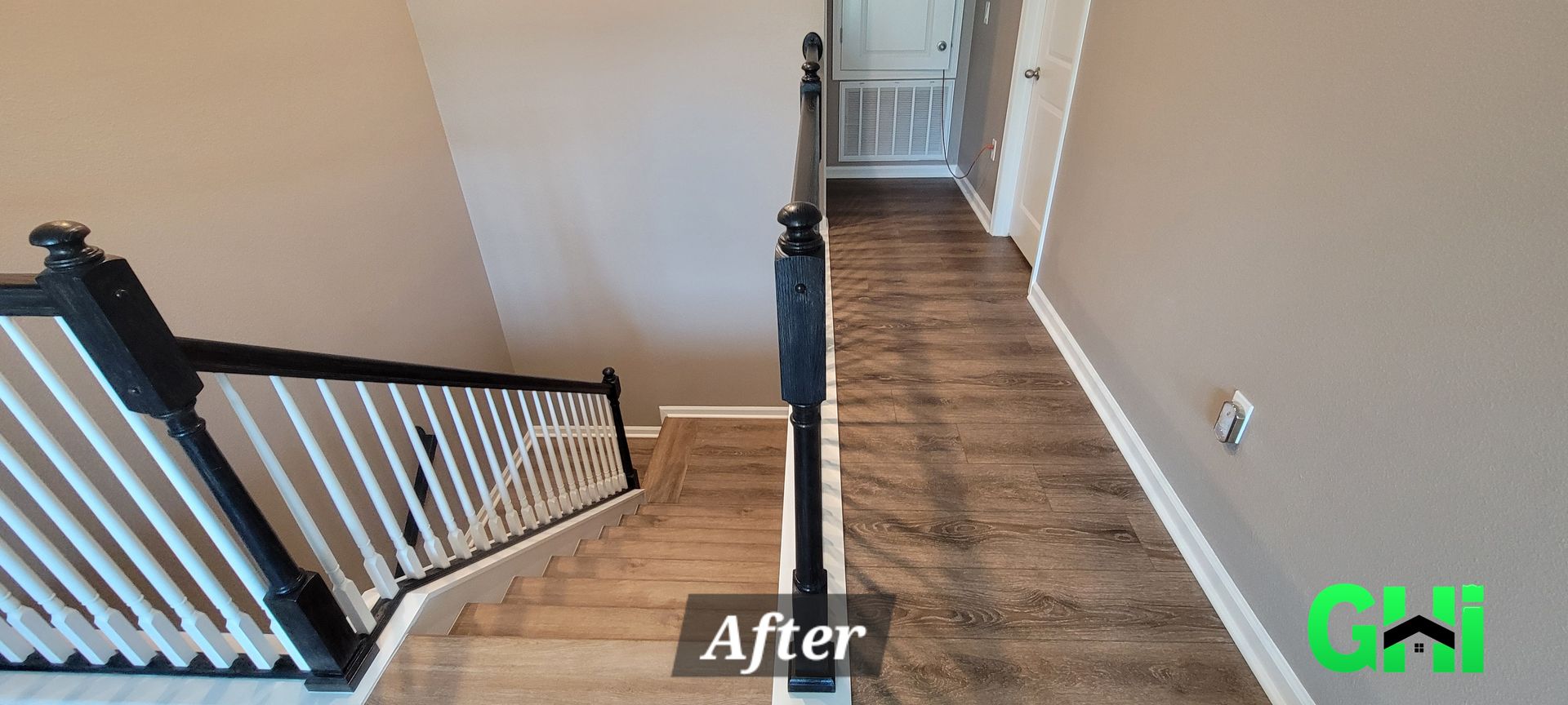 A before and after photo of a staircase and hallway.