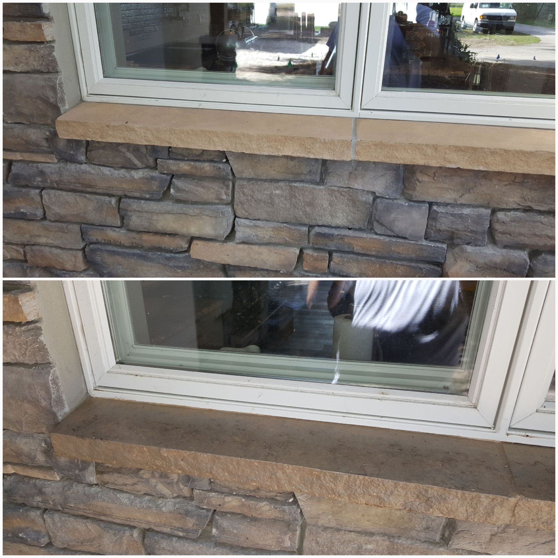 A before and after picture of a window on a stone wall.