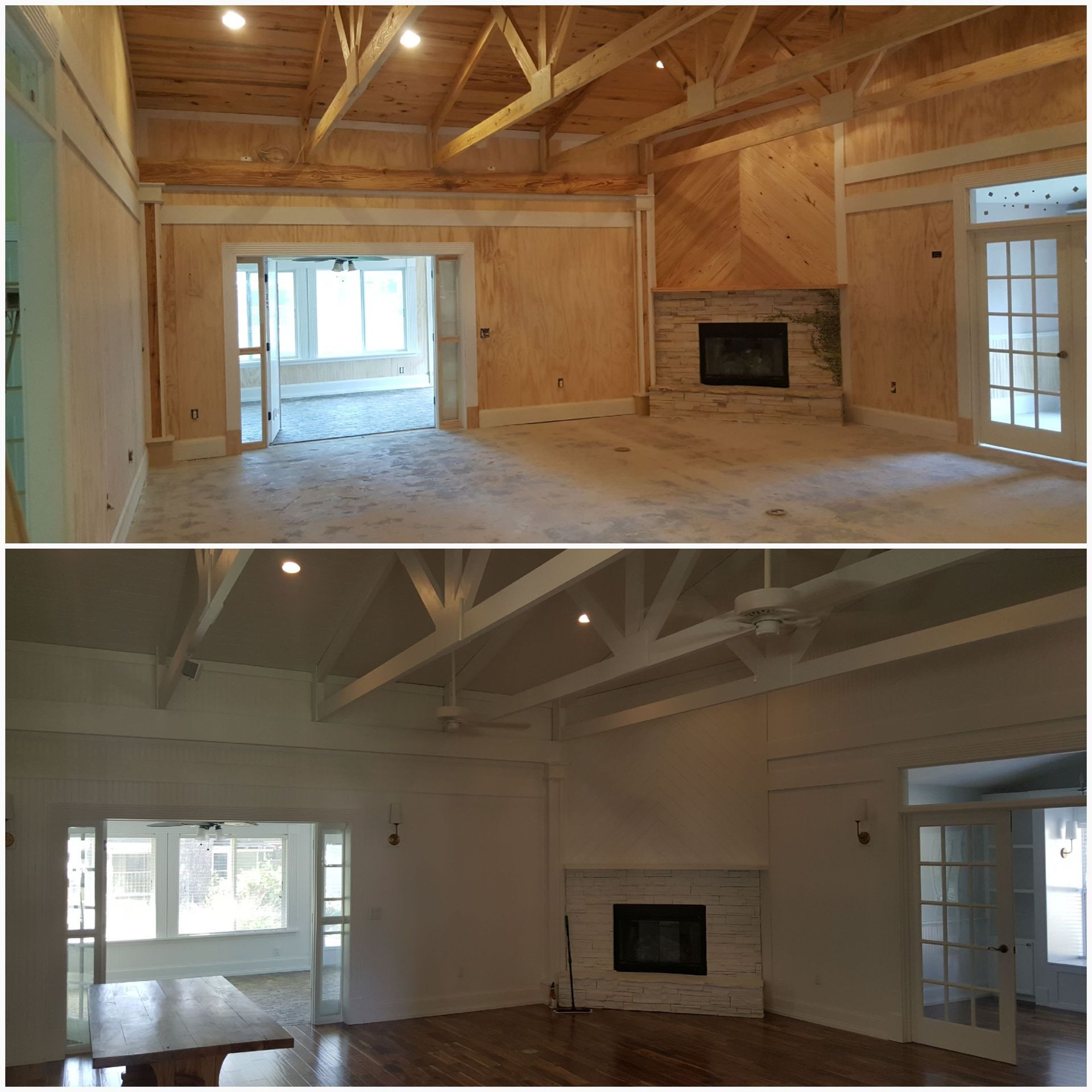 A before and after photo of a living room with a fireplace