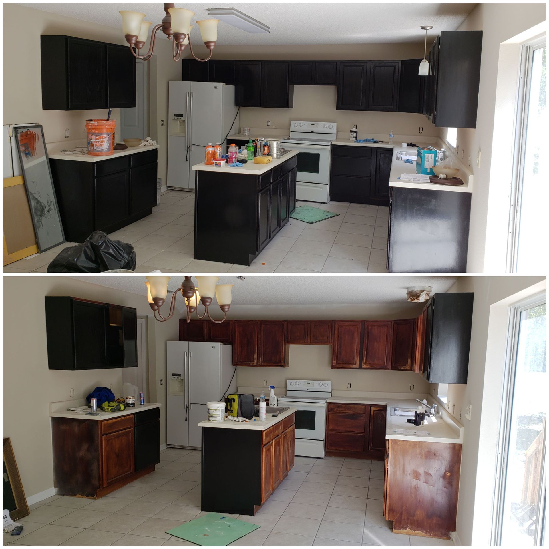 A before and after photo of a kitchen with black cabinets