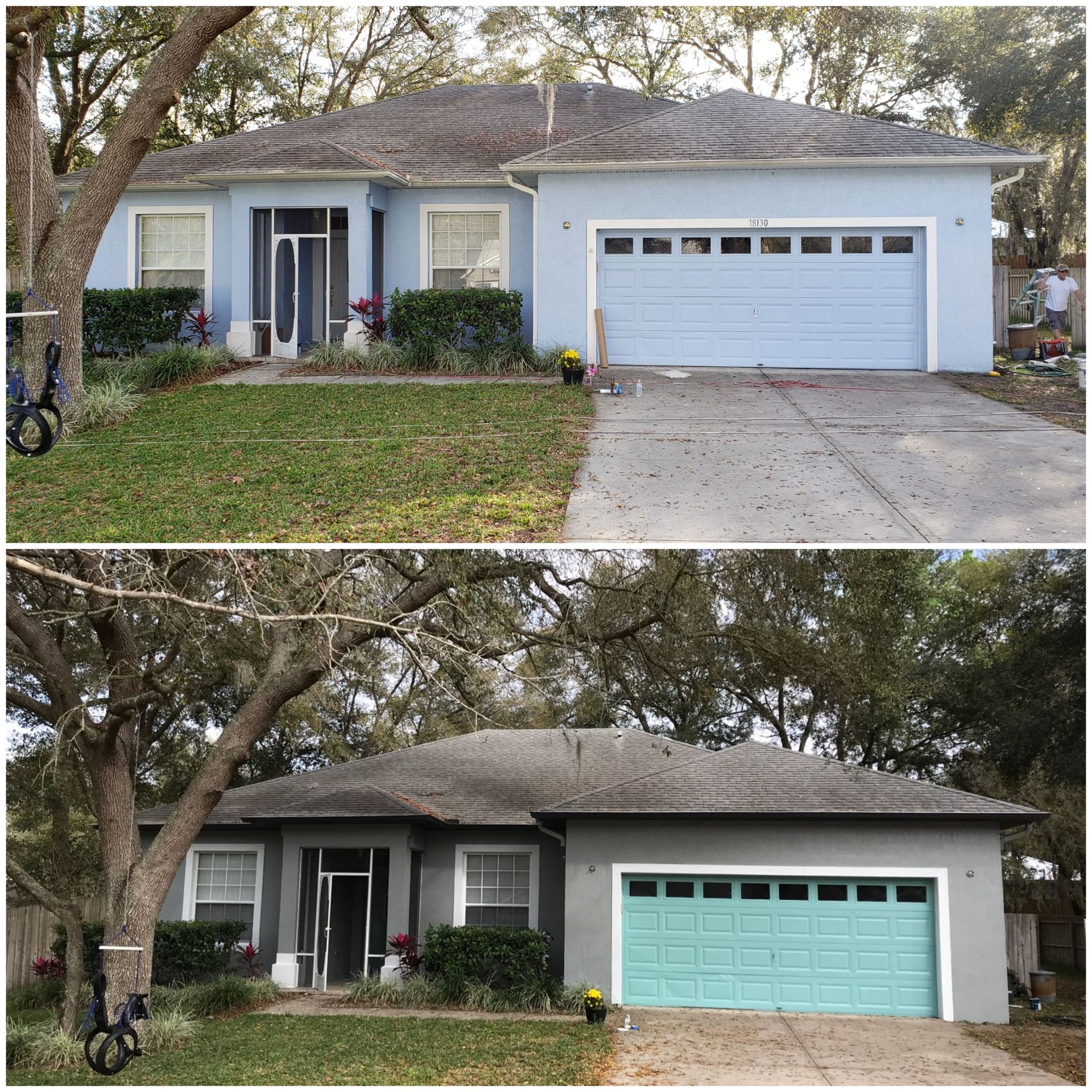 A before and after photo of a house with a blue garage door
