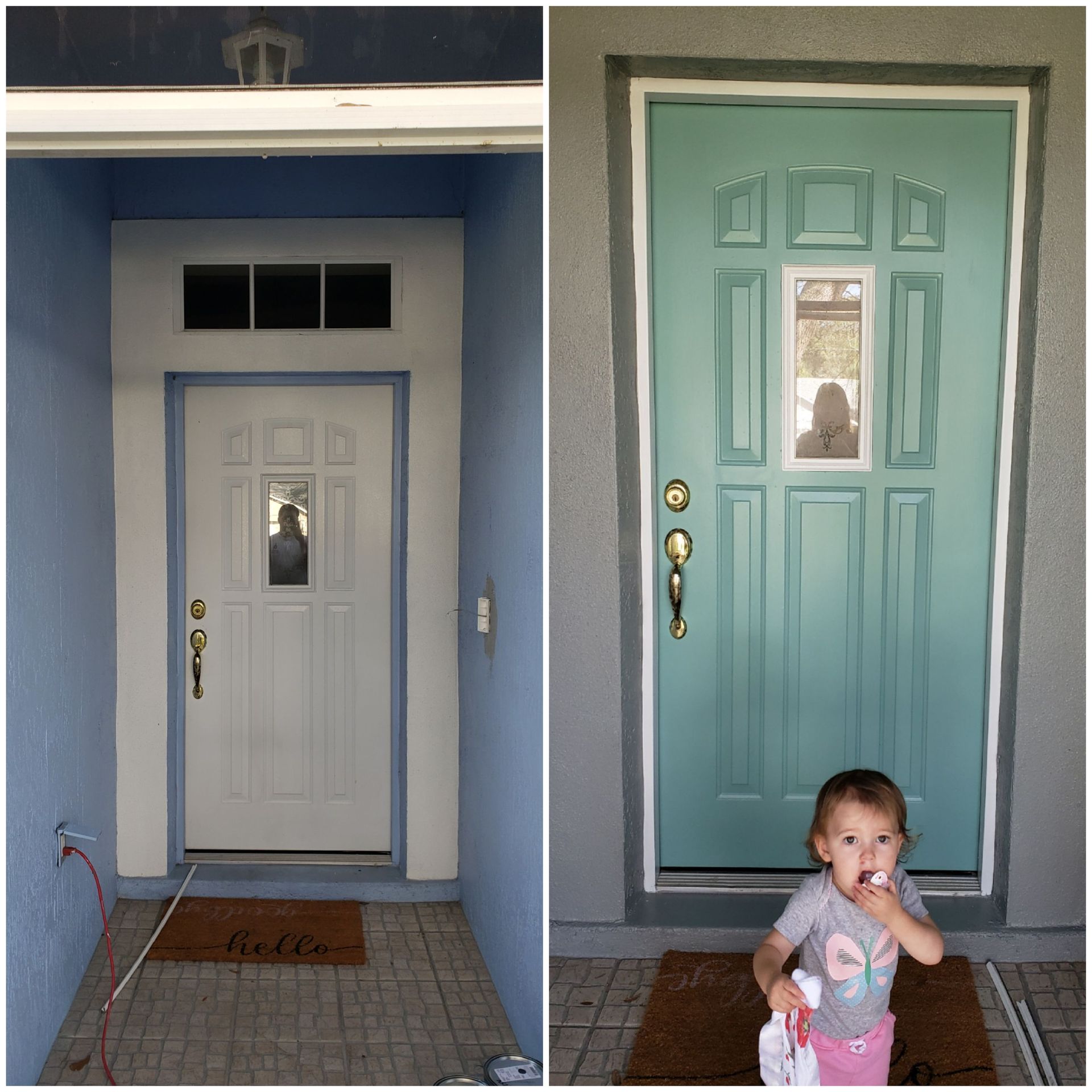 A little girl standing in front of a door that says hello