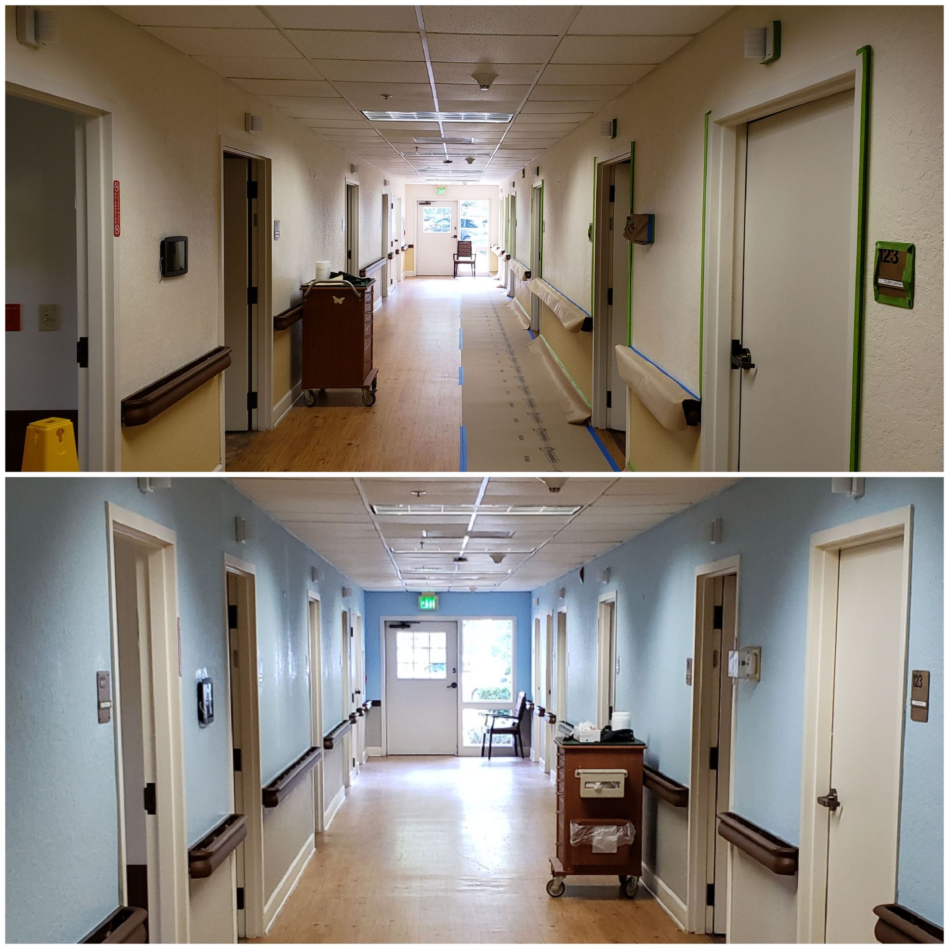 A hospital hallway before and after being painted