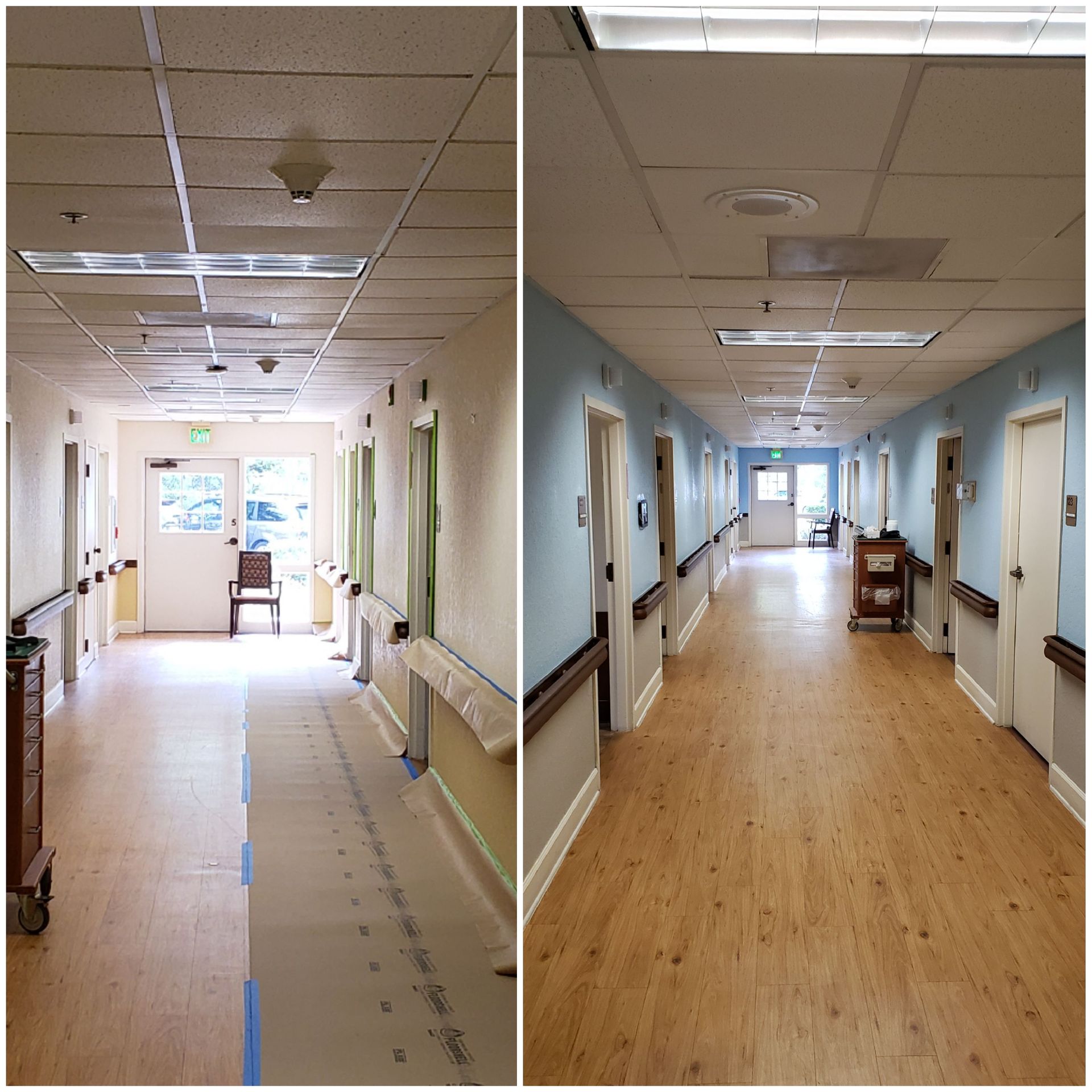 A before and after photo of a hospital hallway