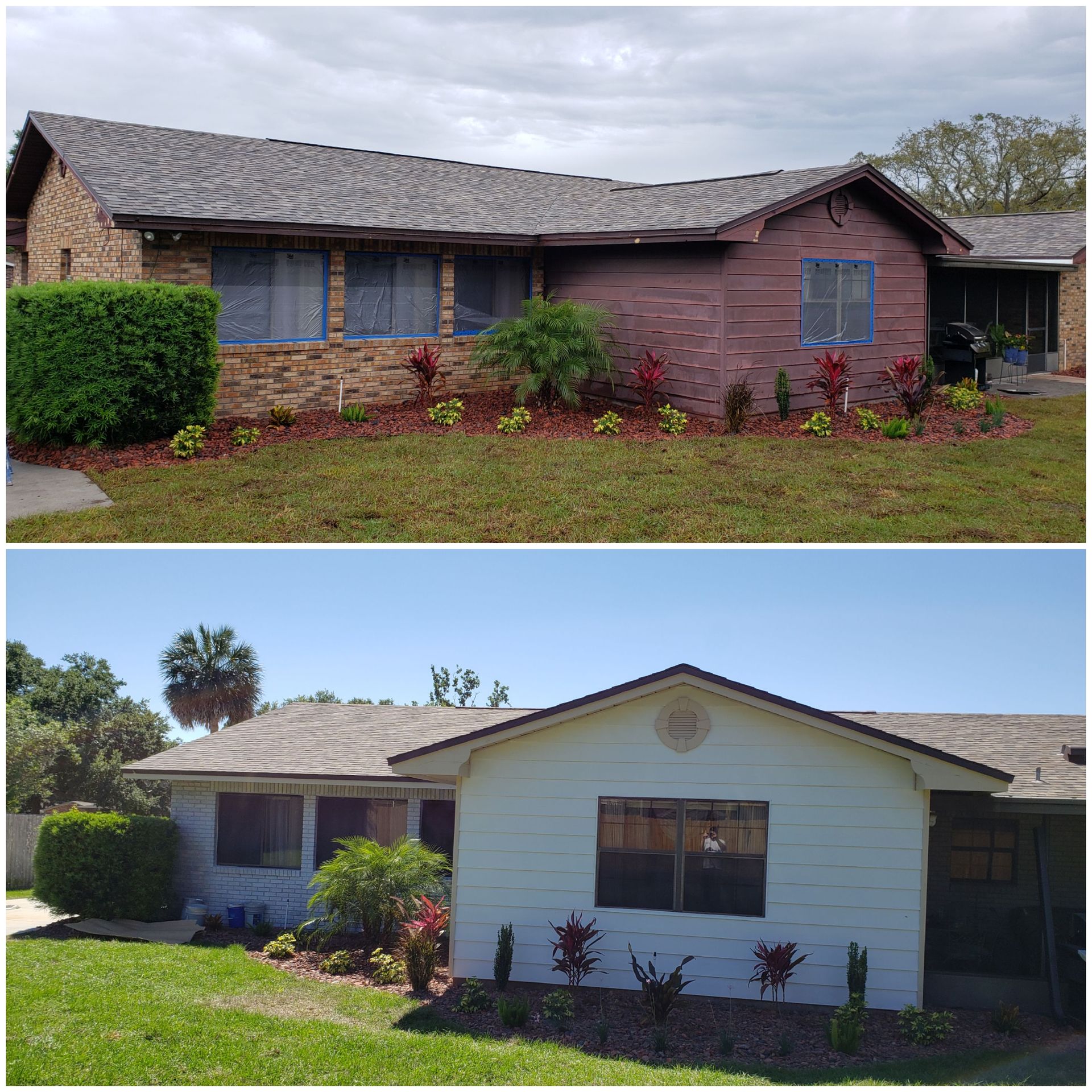 A before and after picture of a house with a roof