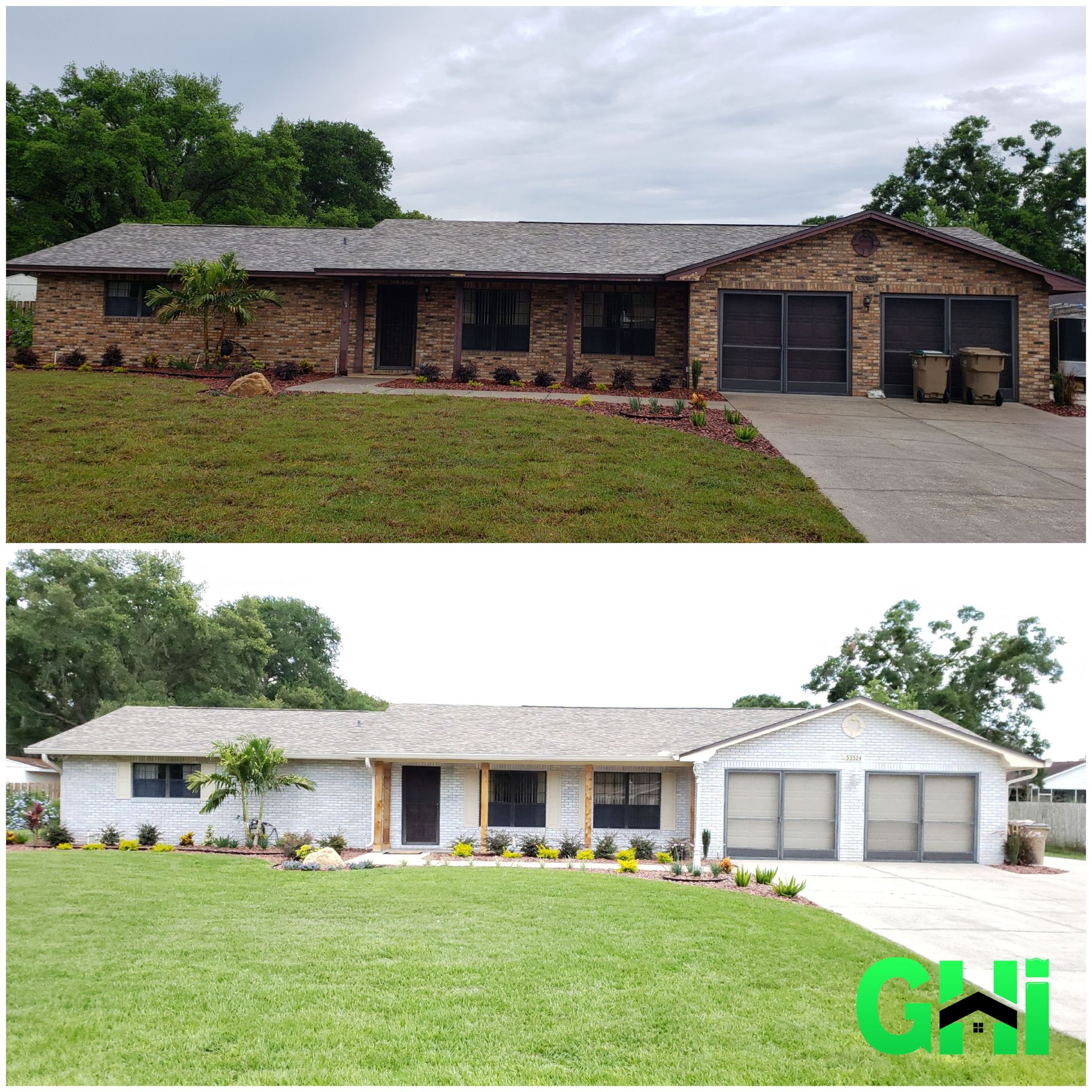 A before and after photo of a brick house