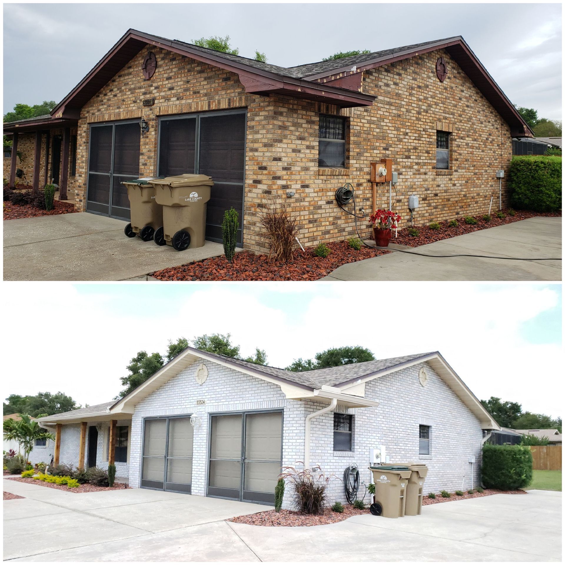 A before and after photo of a brick house