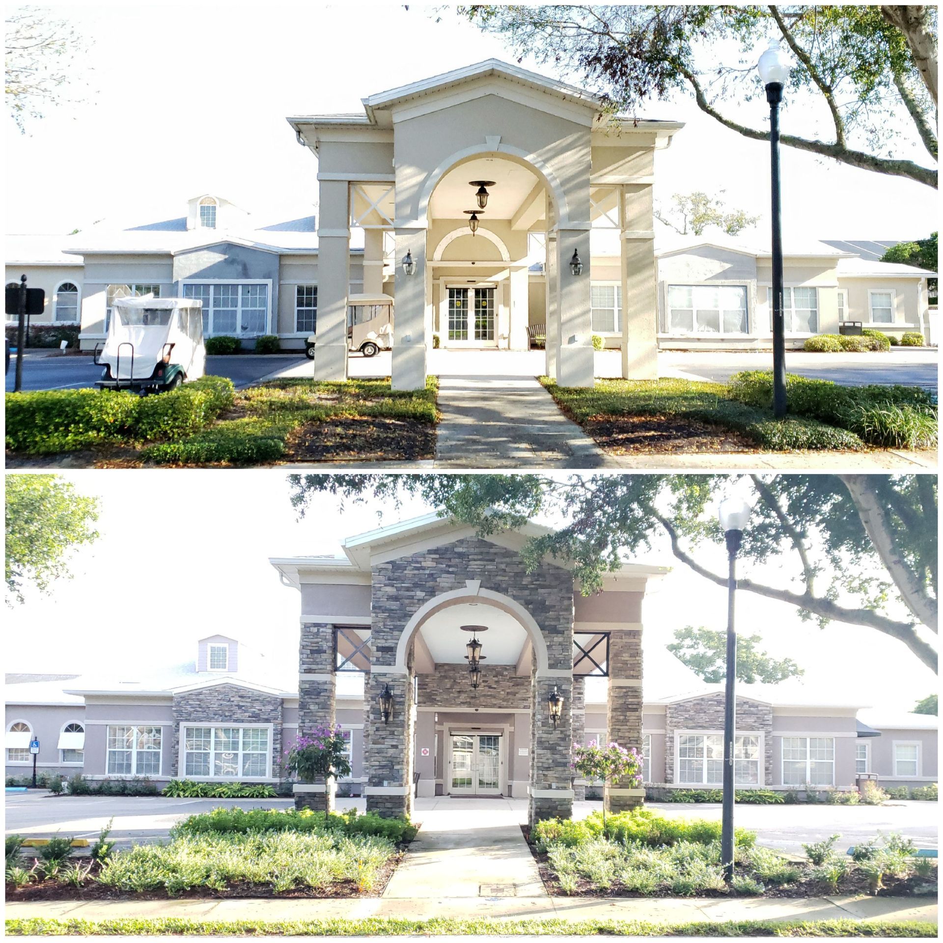 A before and after picture of a large white house with a stone facade.