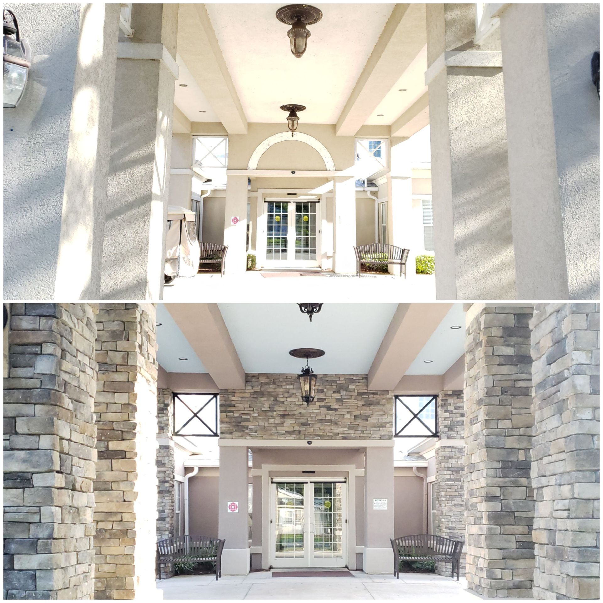 A collage of photos shows the entrance to a building