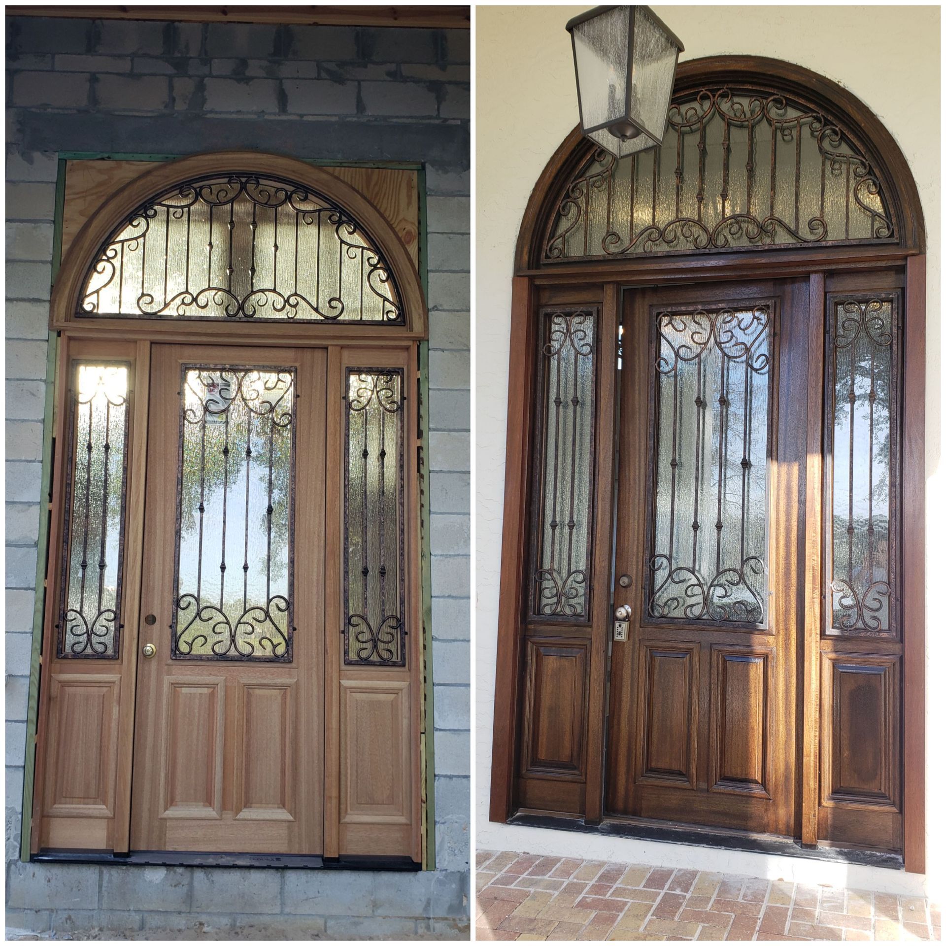 A before and after picture of a wooden door