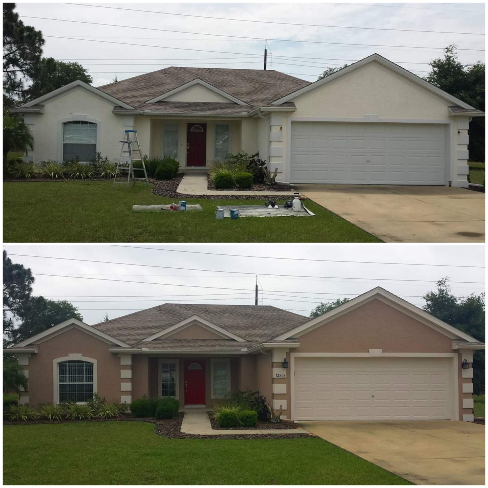 A before and after picture of a house being painted