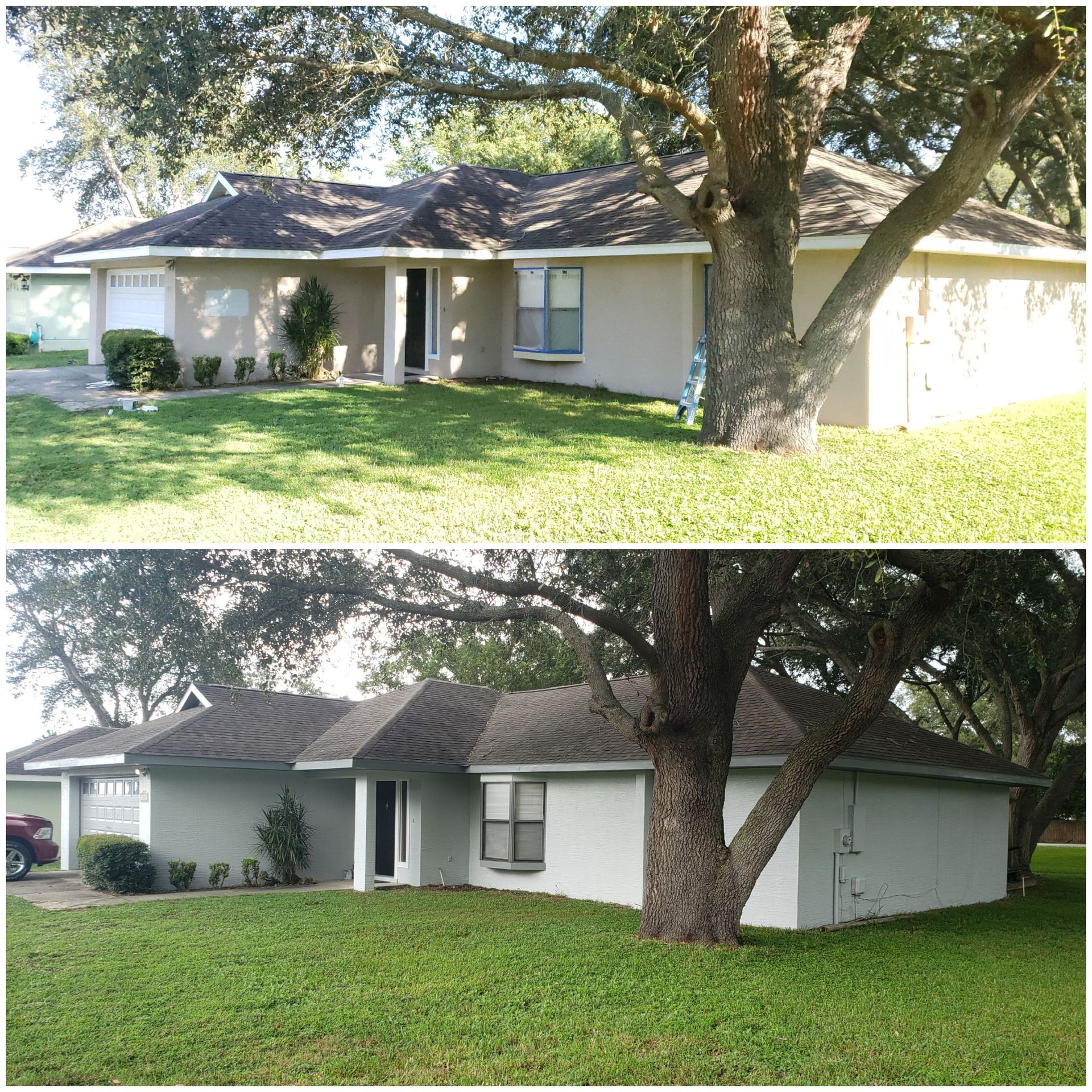 A before and after picture of a house with a tree in front of it