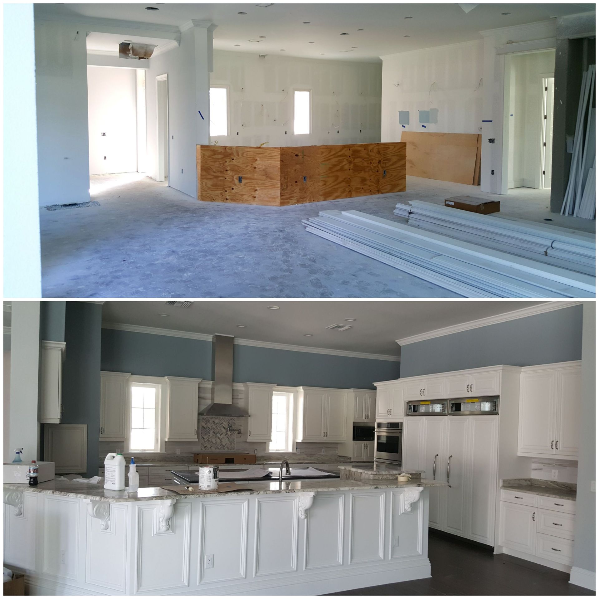 A before and after photo of a kitchen under construction