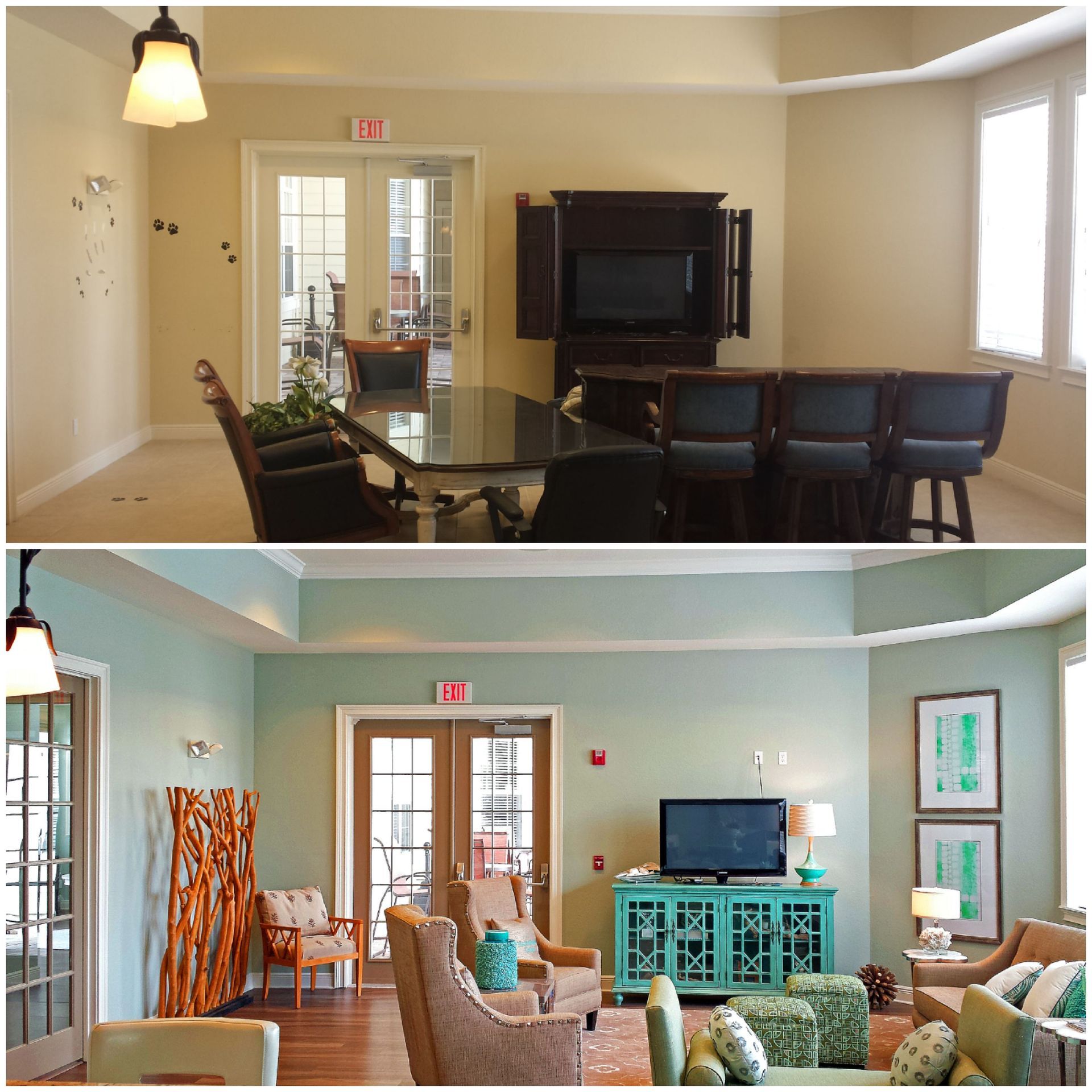 A before and after photo of a living room