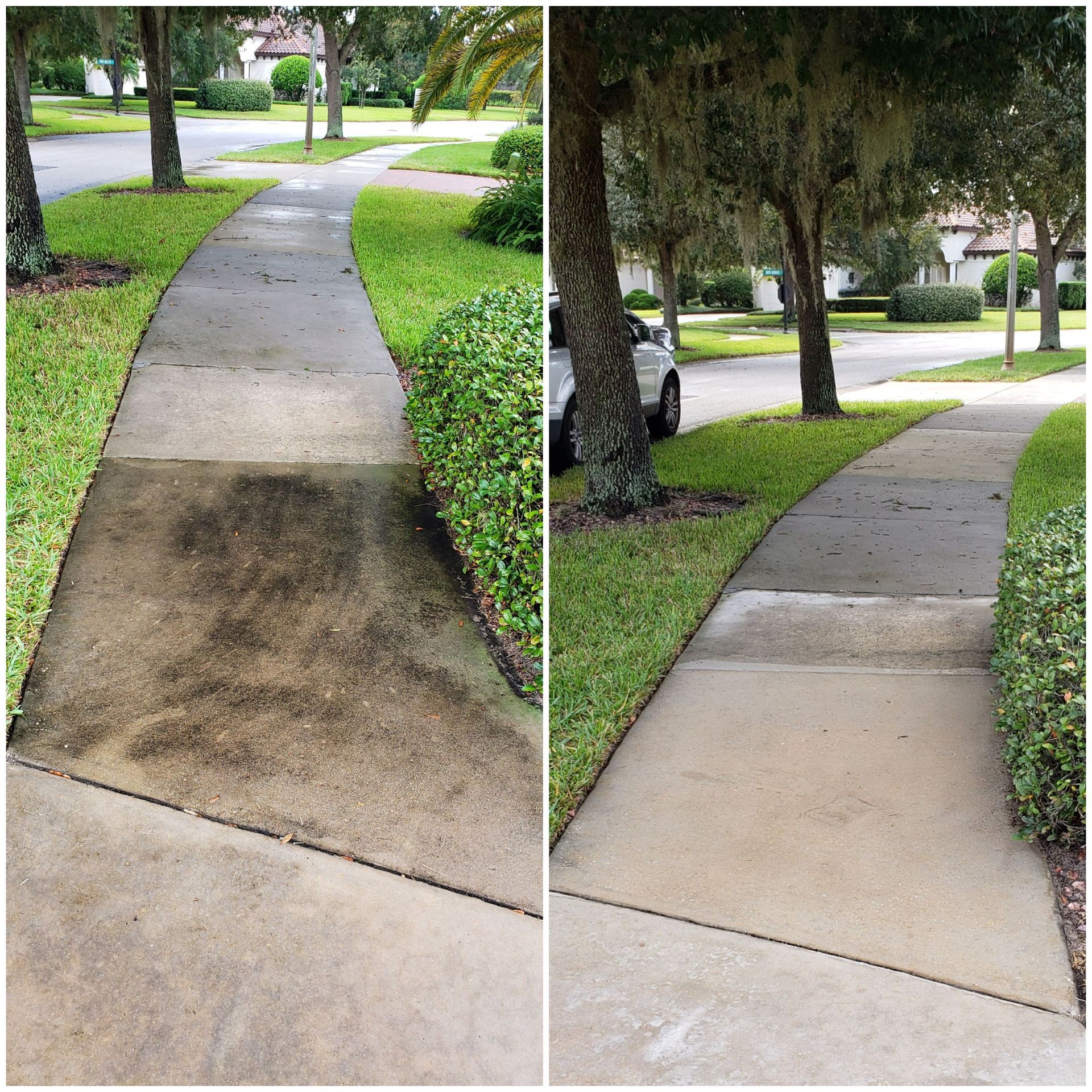 A before and after photo of a sidewalk that has been cleaned