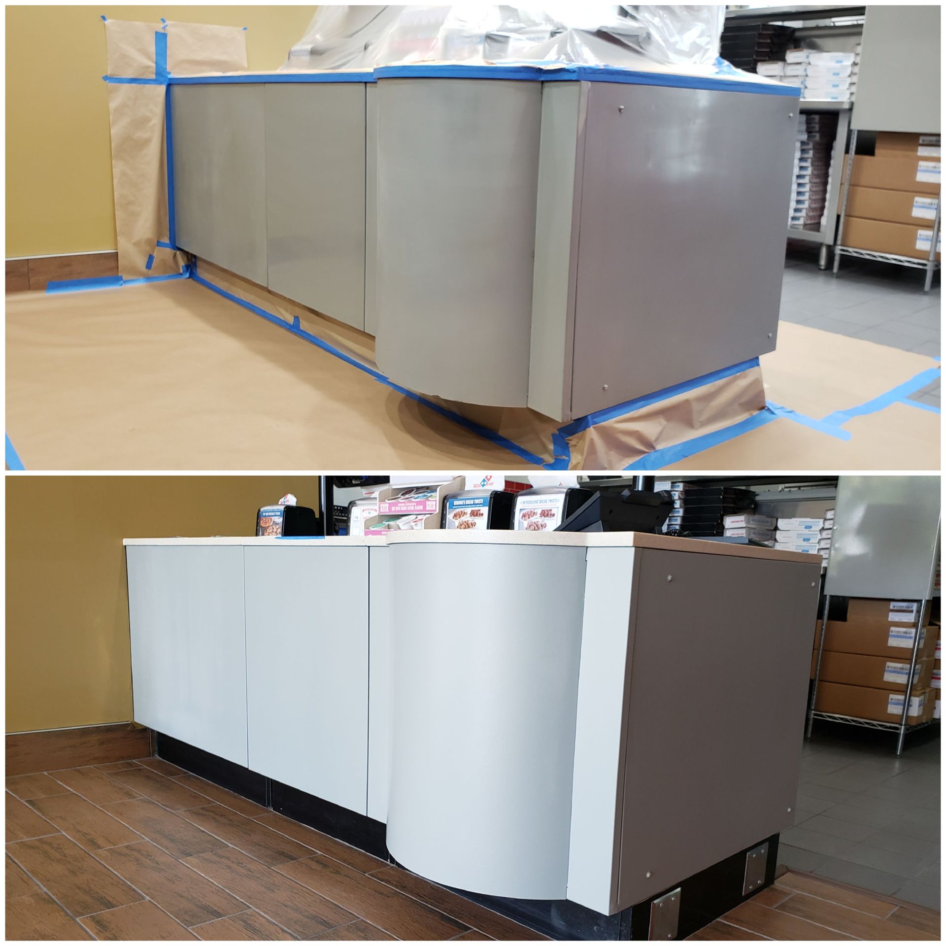 A before and after picture of a counter being painted