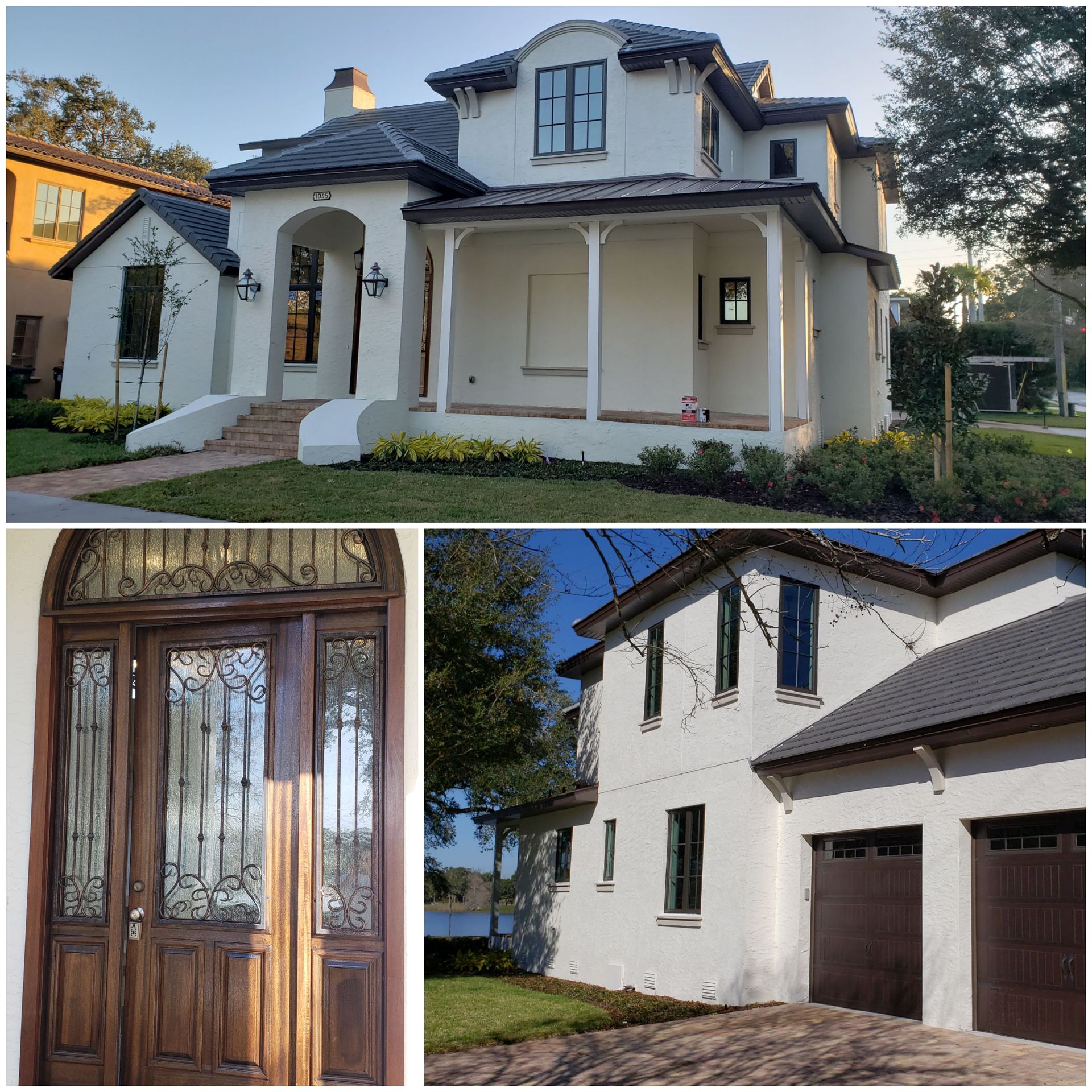 A collage of three pictures of a white house