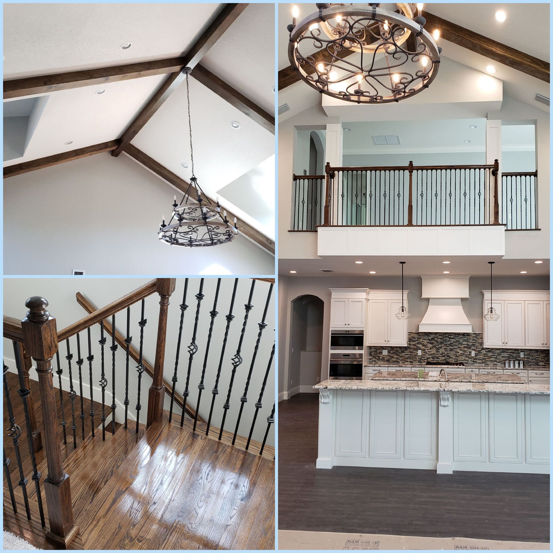 A collage of four pictures of a house including stairs and a kitchen