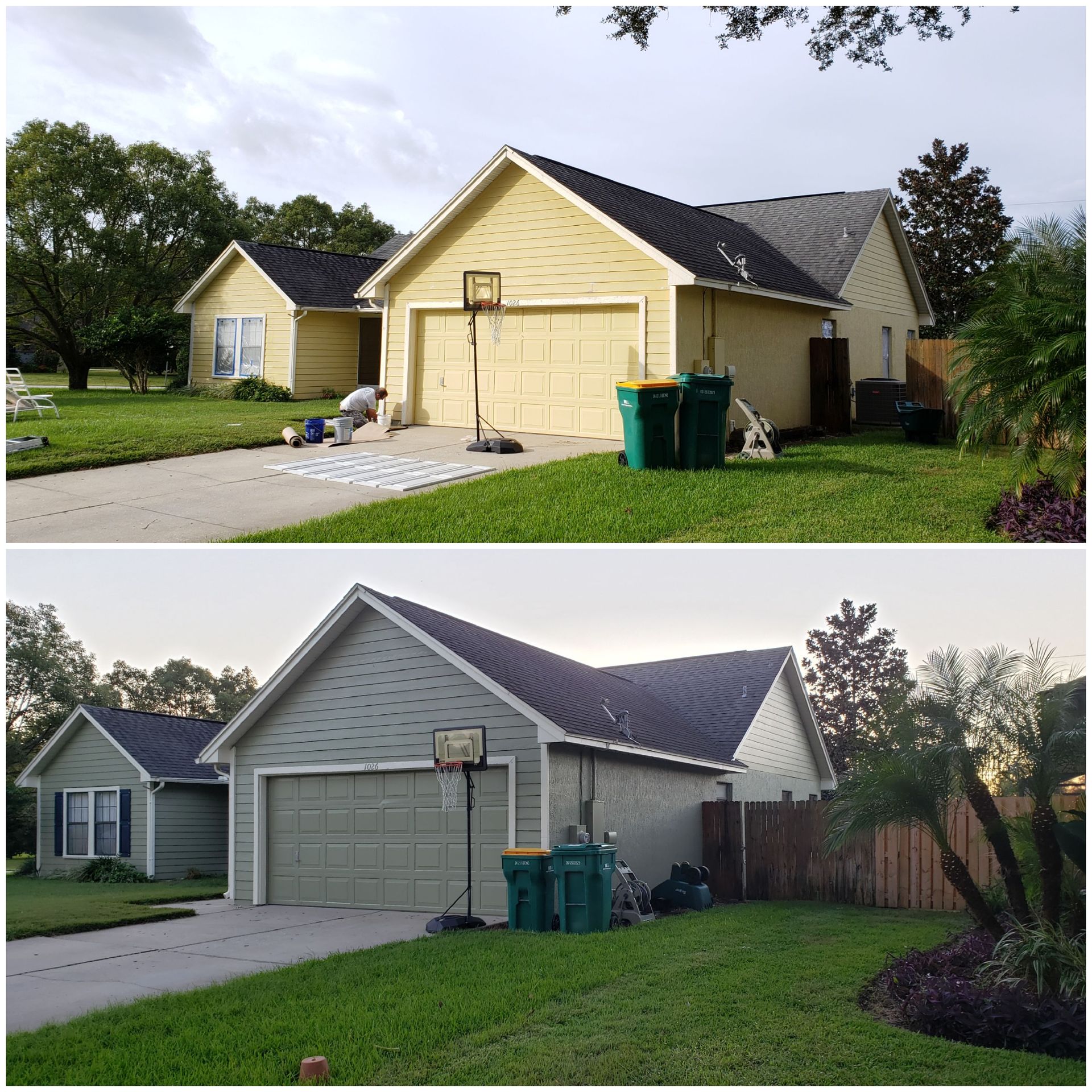 A before and after picture of a house being painted