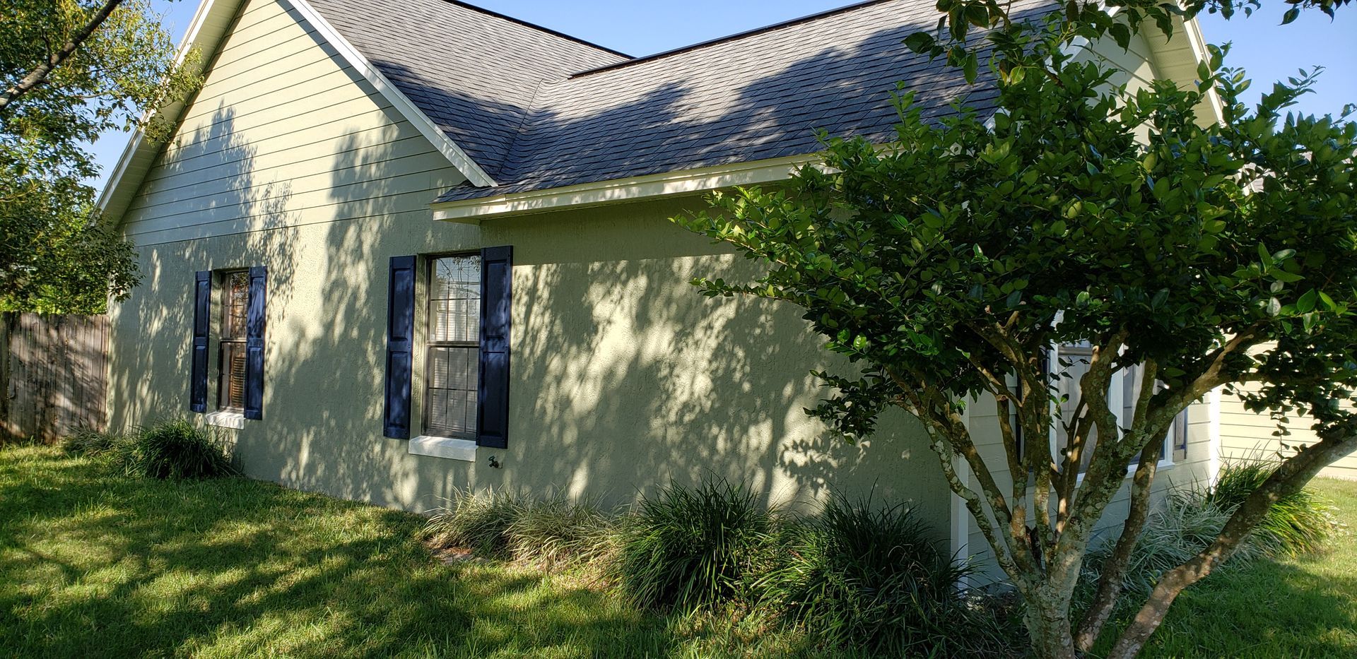 A white house with blue shutters and a tree in front of it.