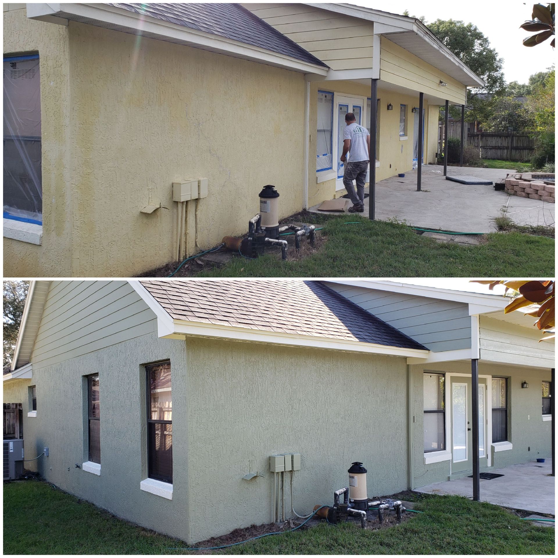 A before and after picture of a house being painted