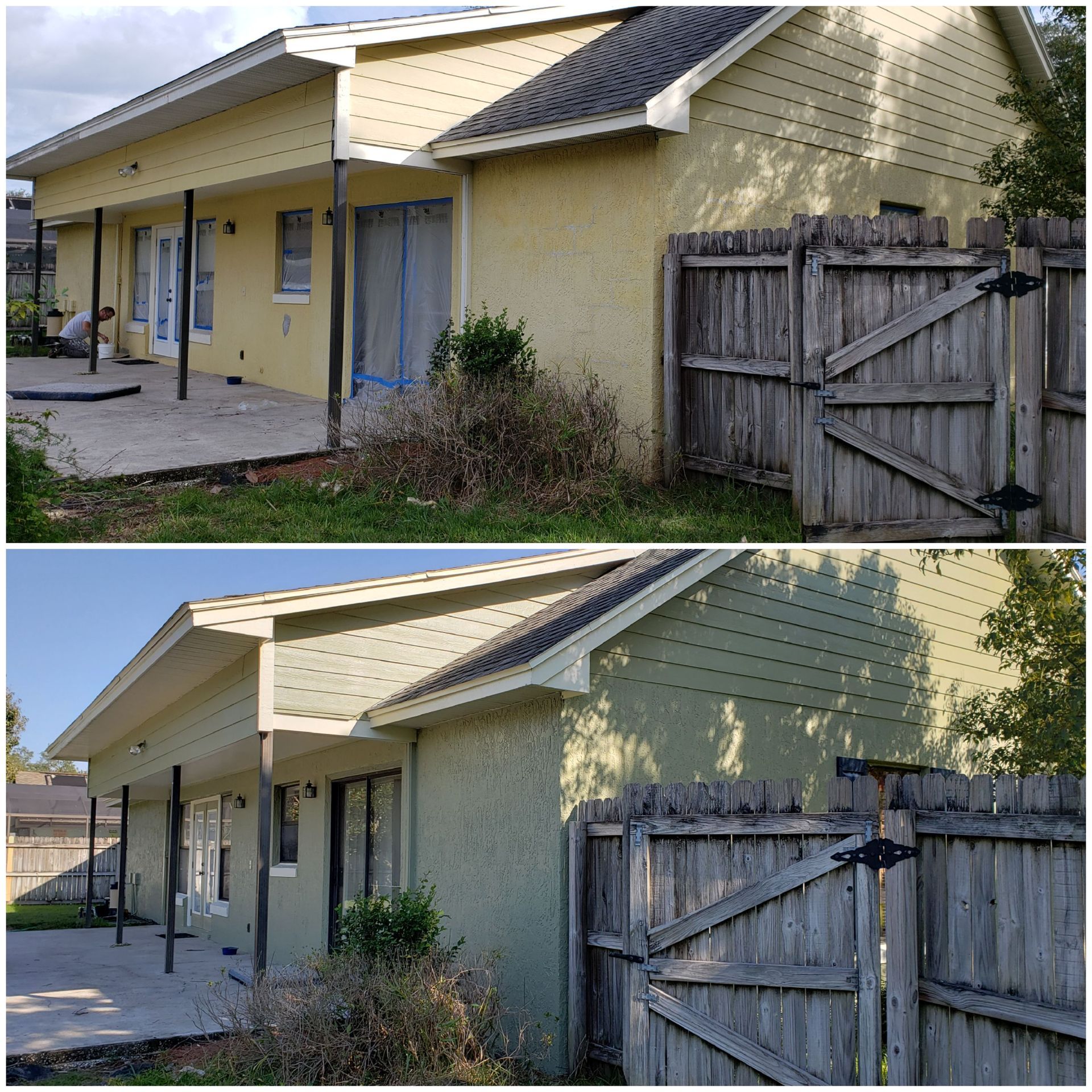 A before and after picture of a house with a wooden fence.