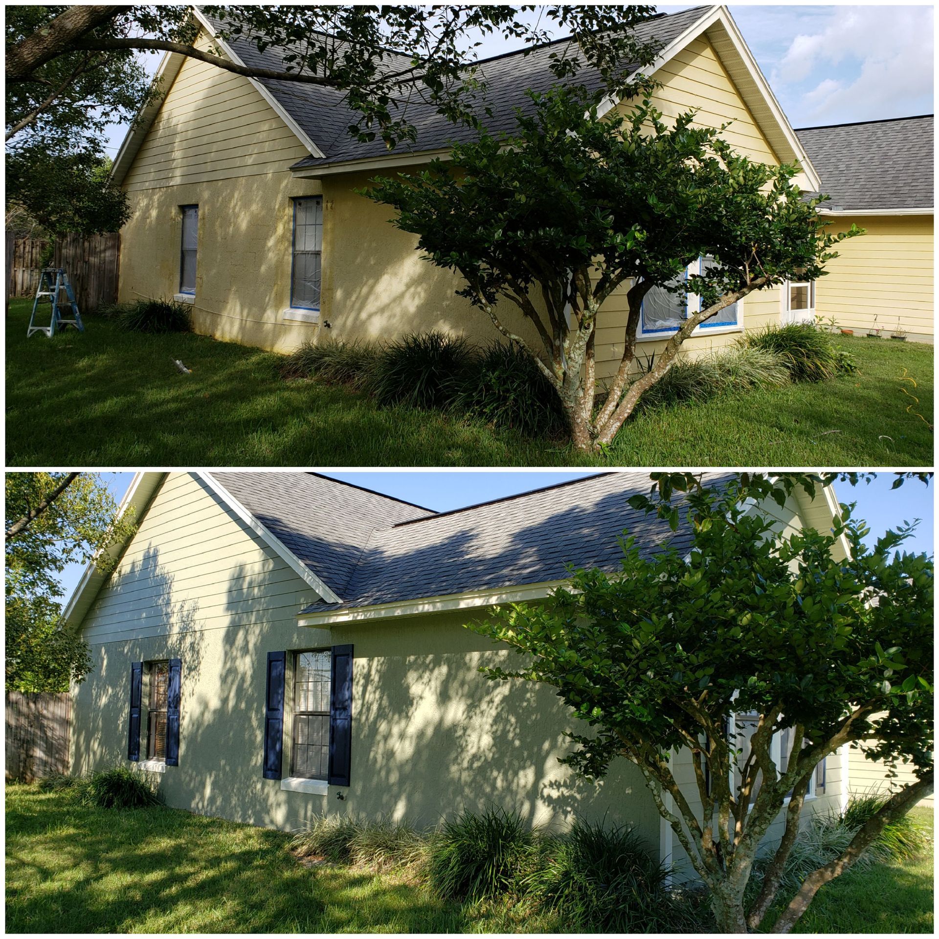 A before and after picture of a house with a tree in front of it.