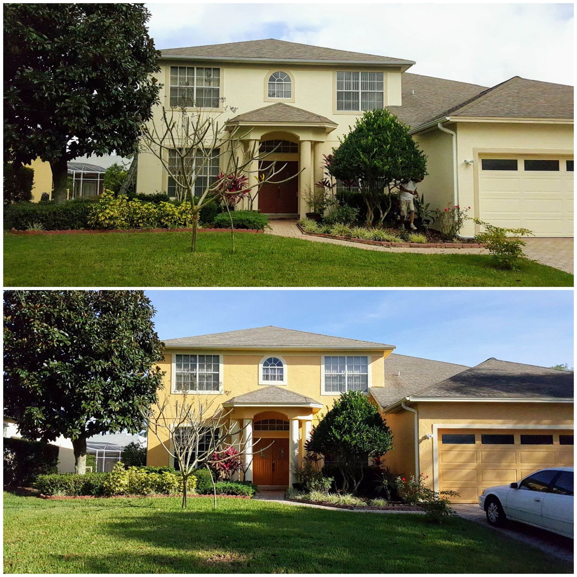 A before and after picture of a house with a car parked in front of it