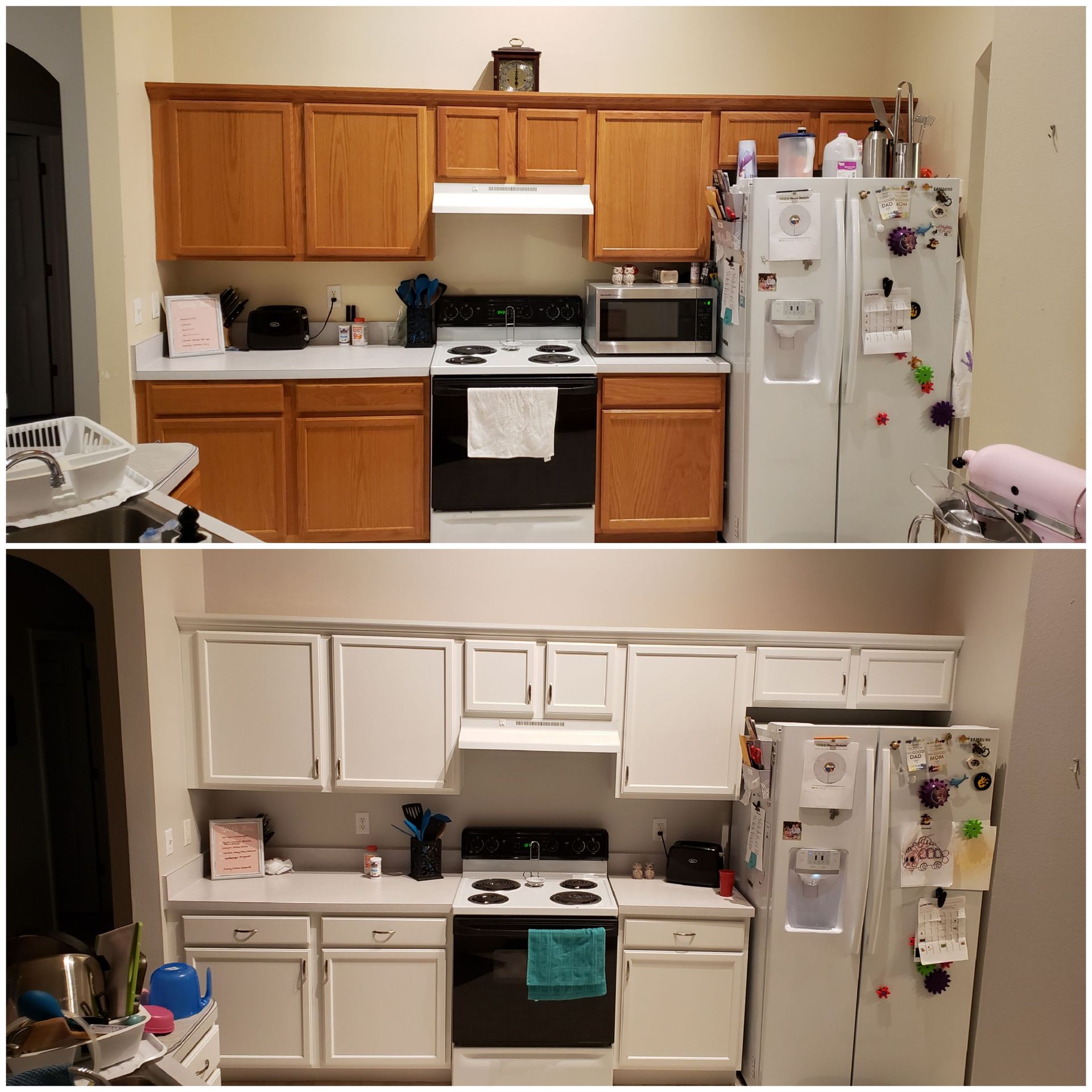 A before and after photo of a kitchen with wooden cabinets and white cabinets.