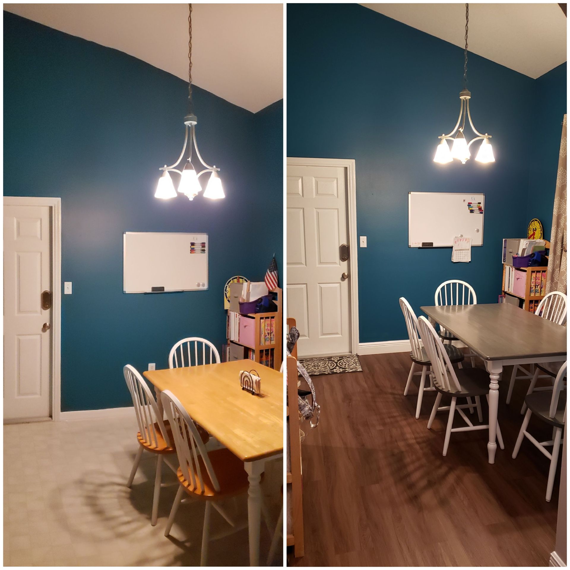 A before and after photo of a dining room with blue walls