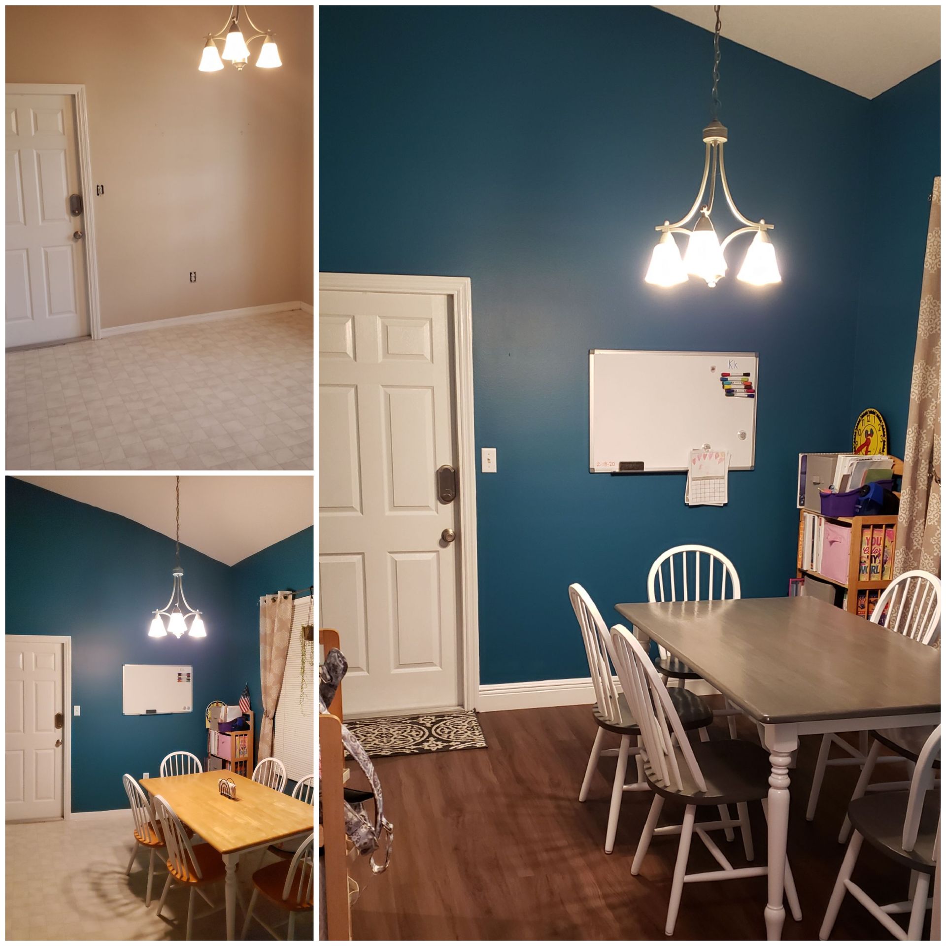 A dining room with blue walls and a table and chairs