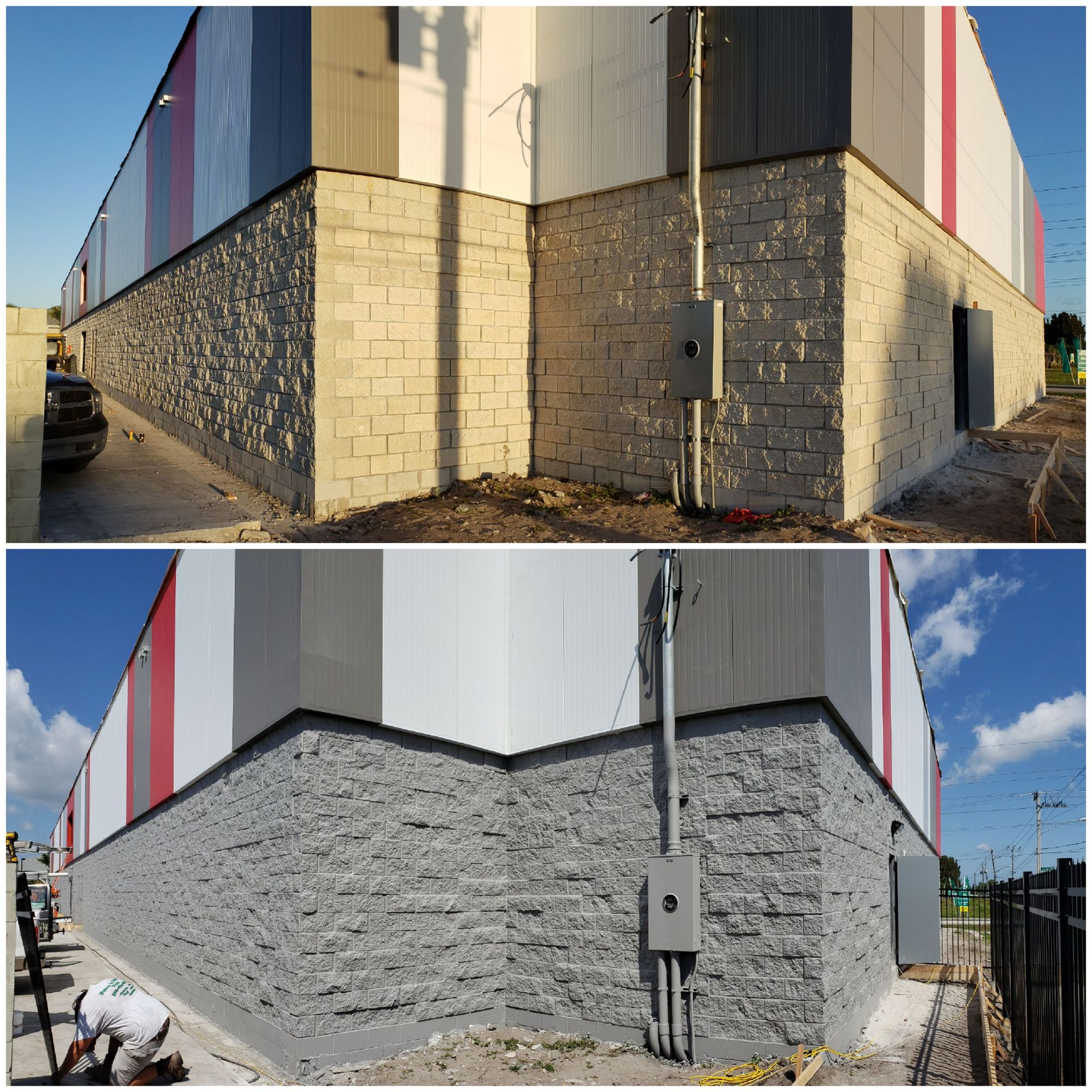 A before and after photo of a brick building